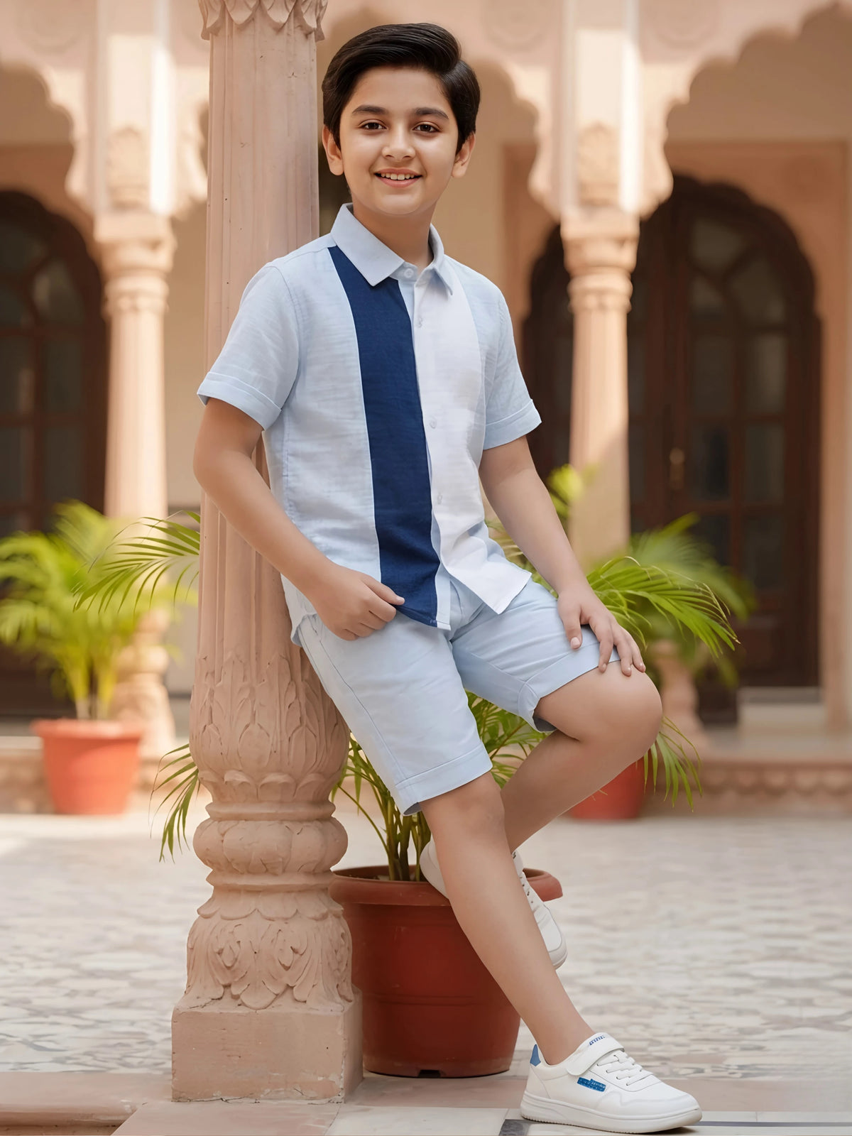 Boys' Blue Colorblock Shirt and Shorts Co-ord Set
