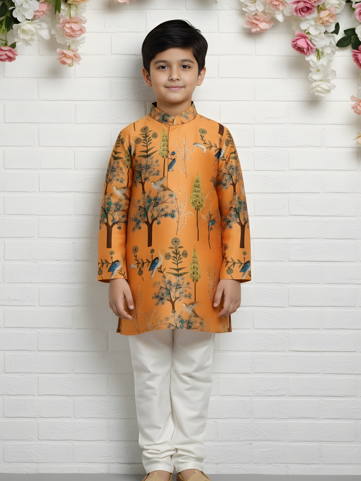 Boys' Bright Yellow Angrakha Kurta and White Pajama Set with Peacock Print