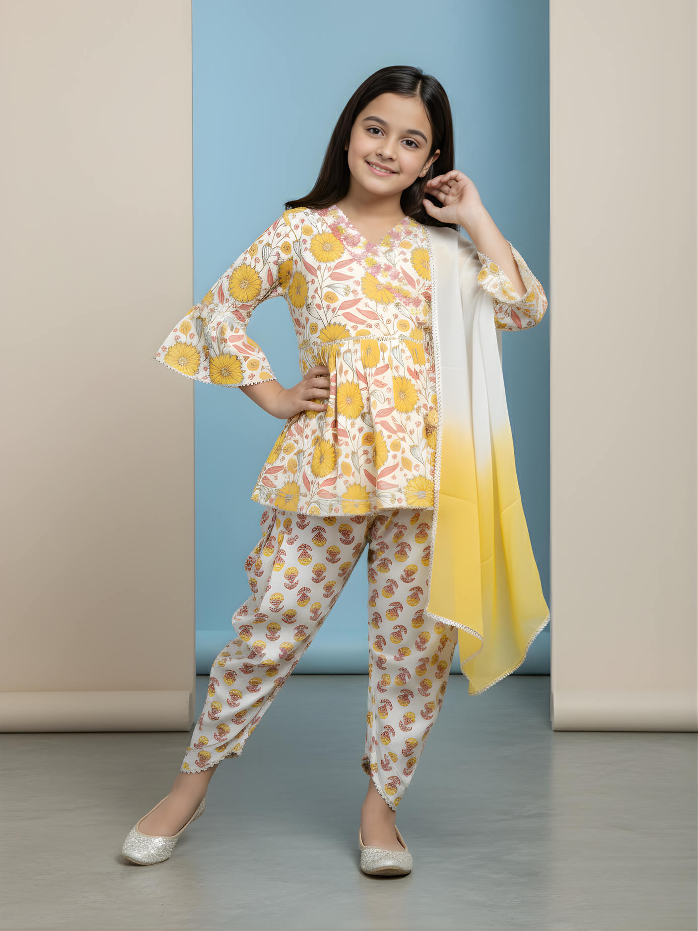 Girls Cream & Yellow Floral Angrakha Kurta with Plazo and Dupatta Set