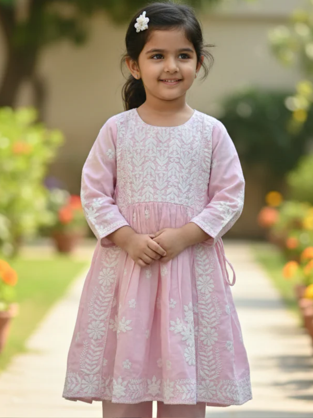 Girls' Pastel Pink Chikankari-Inspired Embroidered Kurti Set
