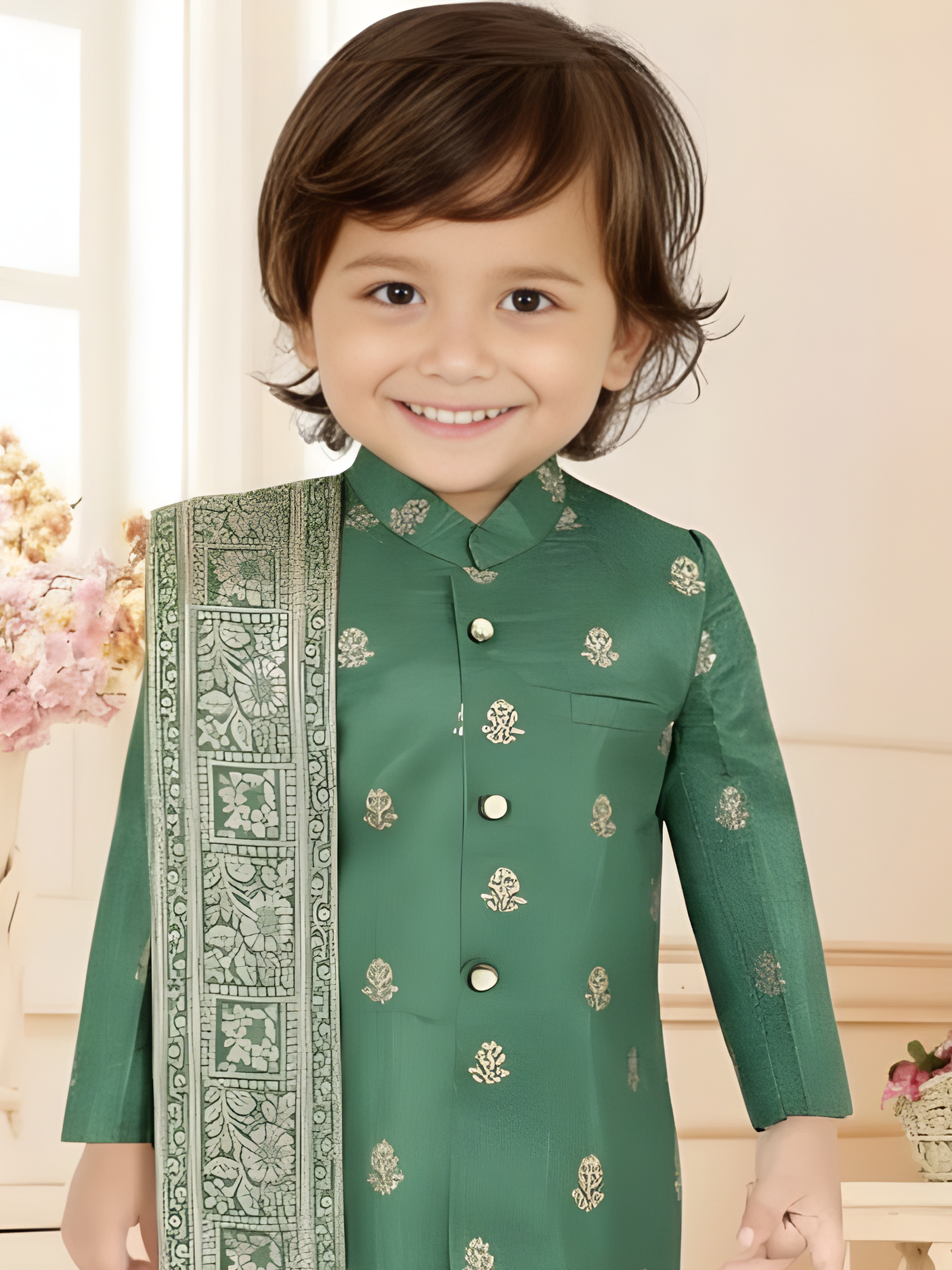 Boys' Emerald Green Brocade Kurta Pajama Set with Contrast Dupatta