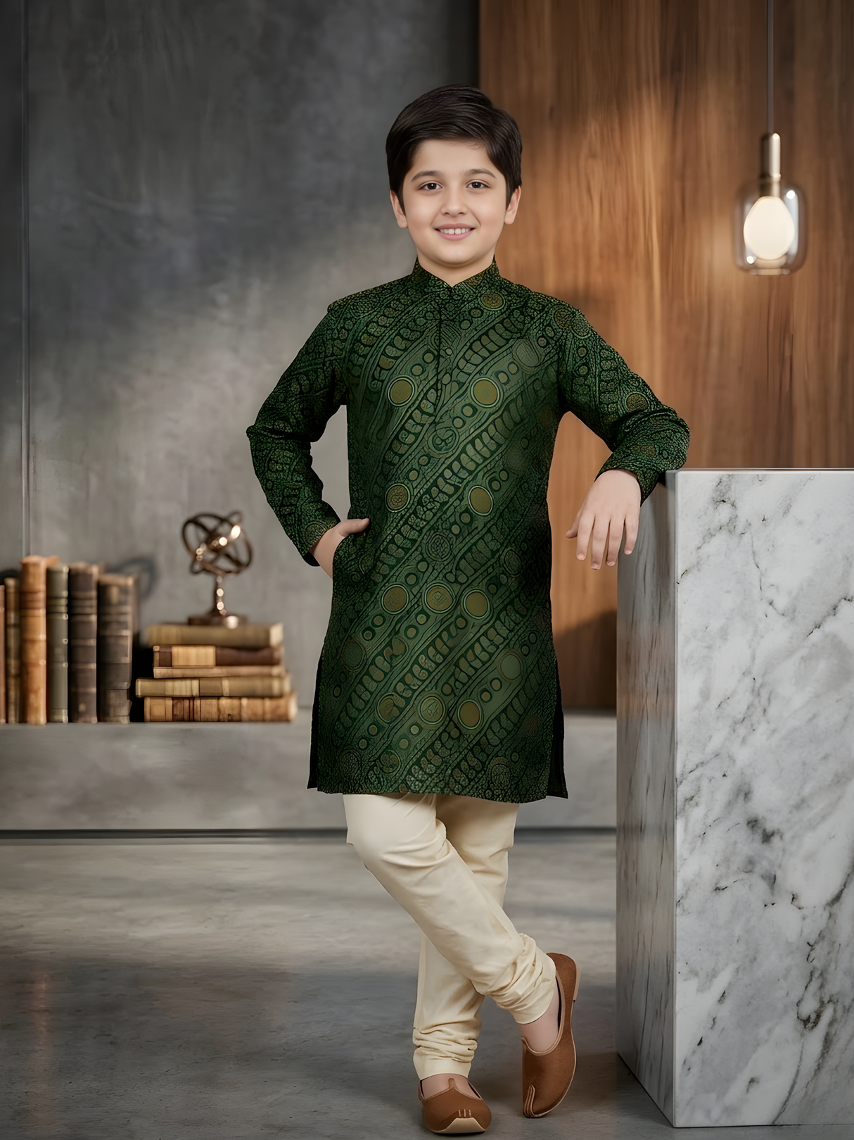 Boys' Dark Green Full-Sleeve Kurta Set with Traditional Bandhani Style Print