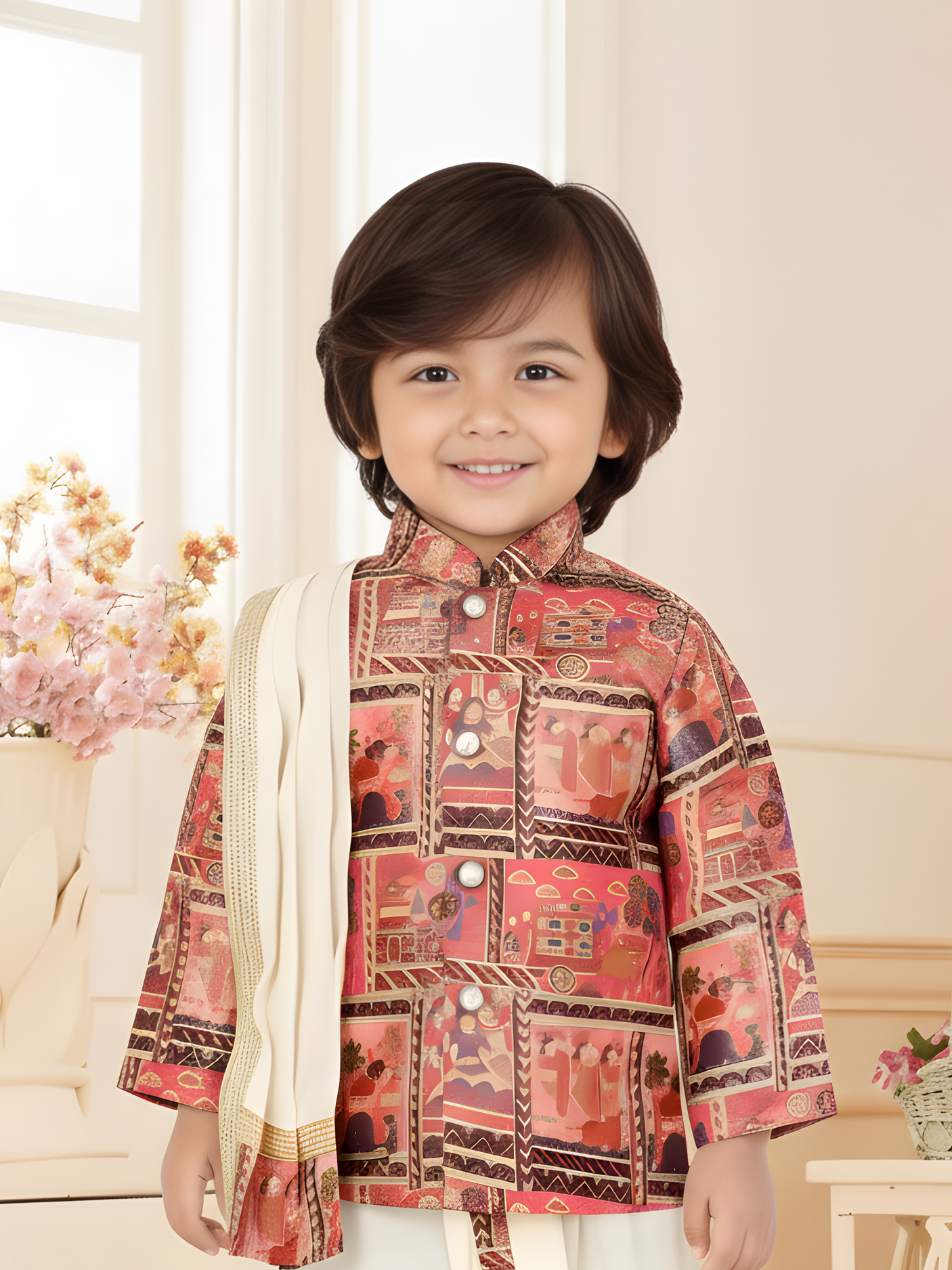 Boys' Multi-Color Folk Print Kurta with Cream Dhoti and Stole Set