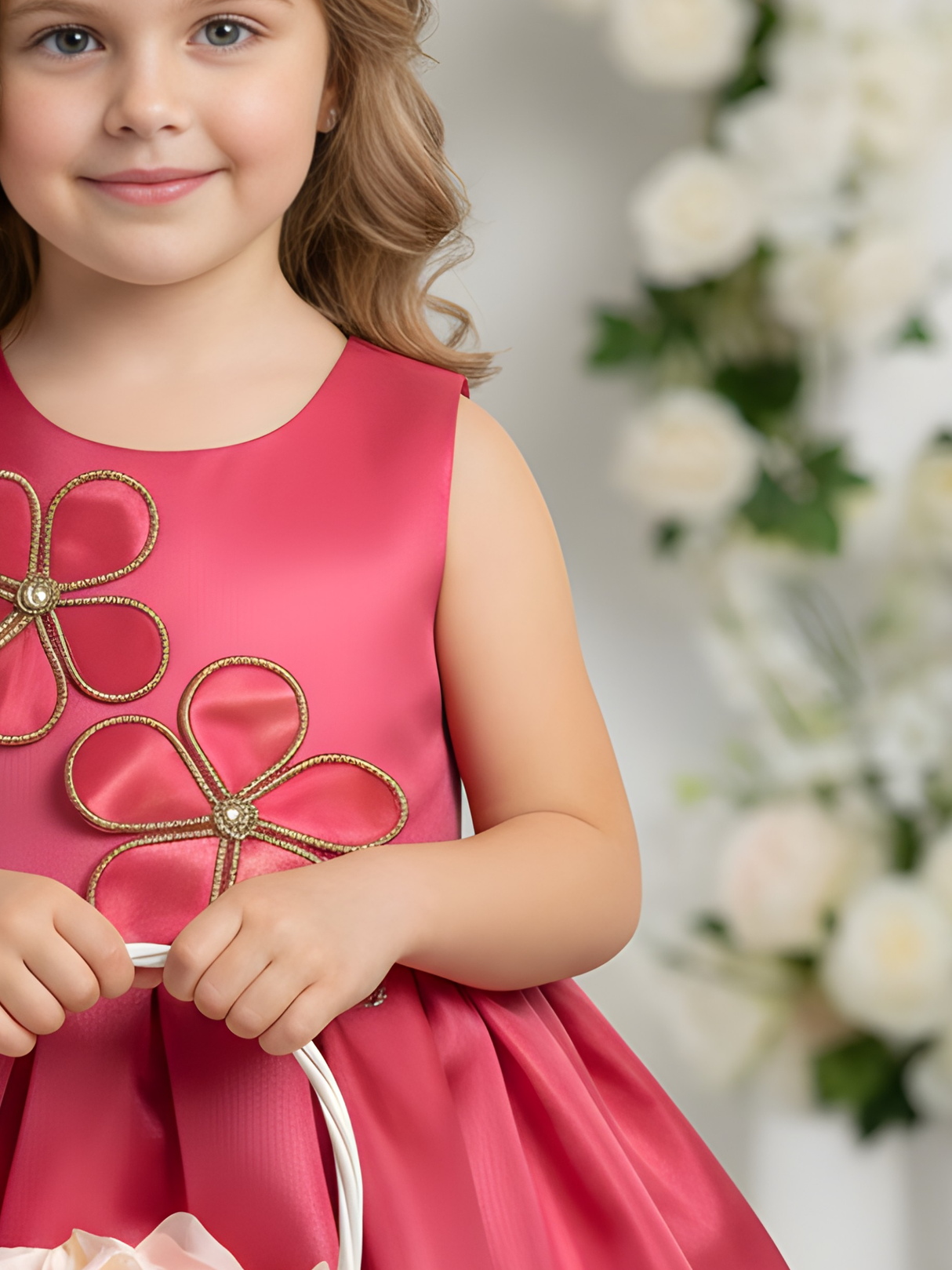 Girls' Hot Pink Shimmer Sleeveless Party Frock with Butterfly Flower .