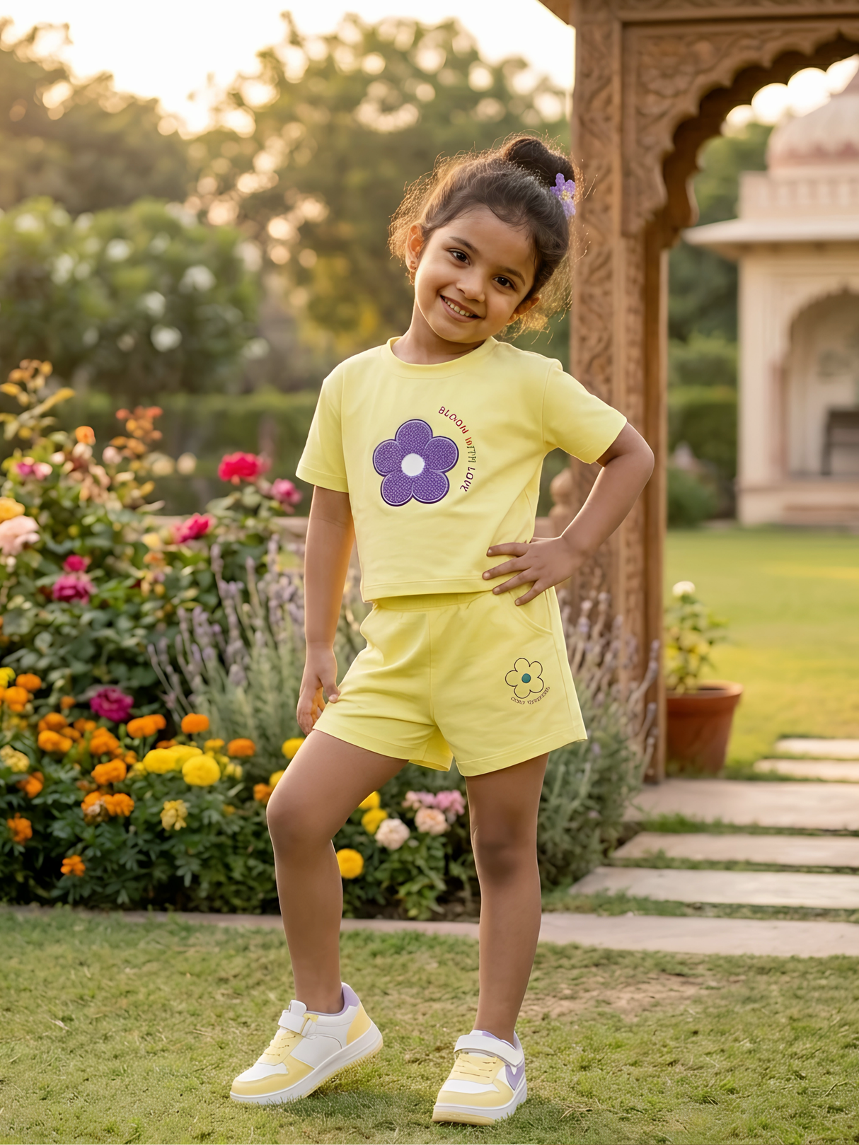 Girls Yellow Floral Print Cotton Co-ord Set