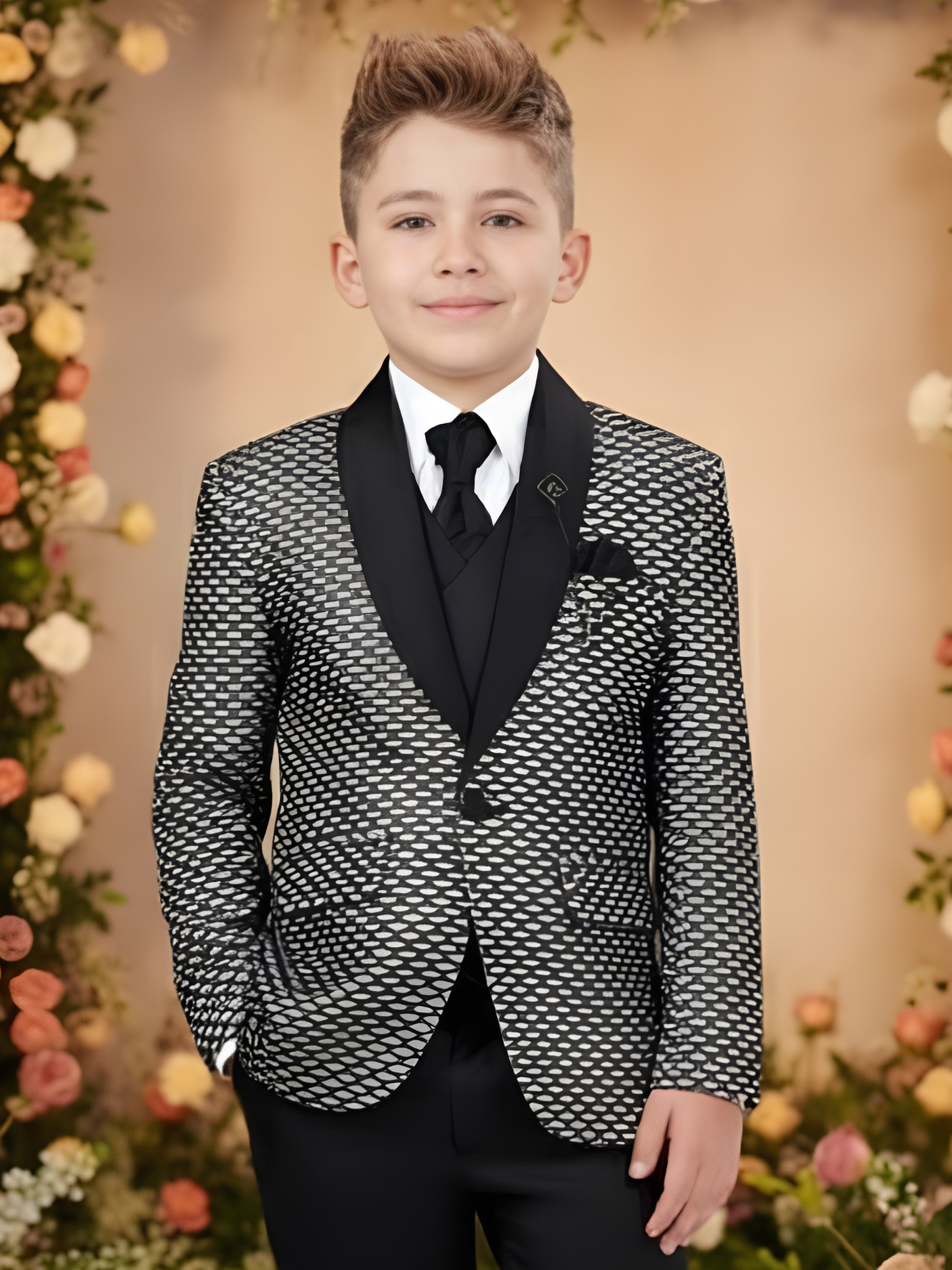 Boys' Black Tuxedo Suit with Silver Embroidered Shoulder and Bow Tie