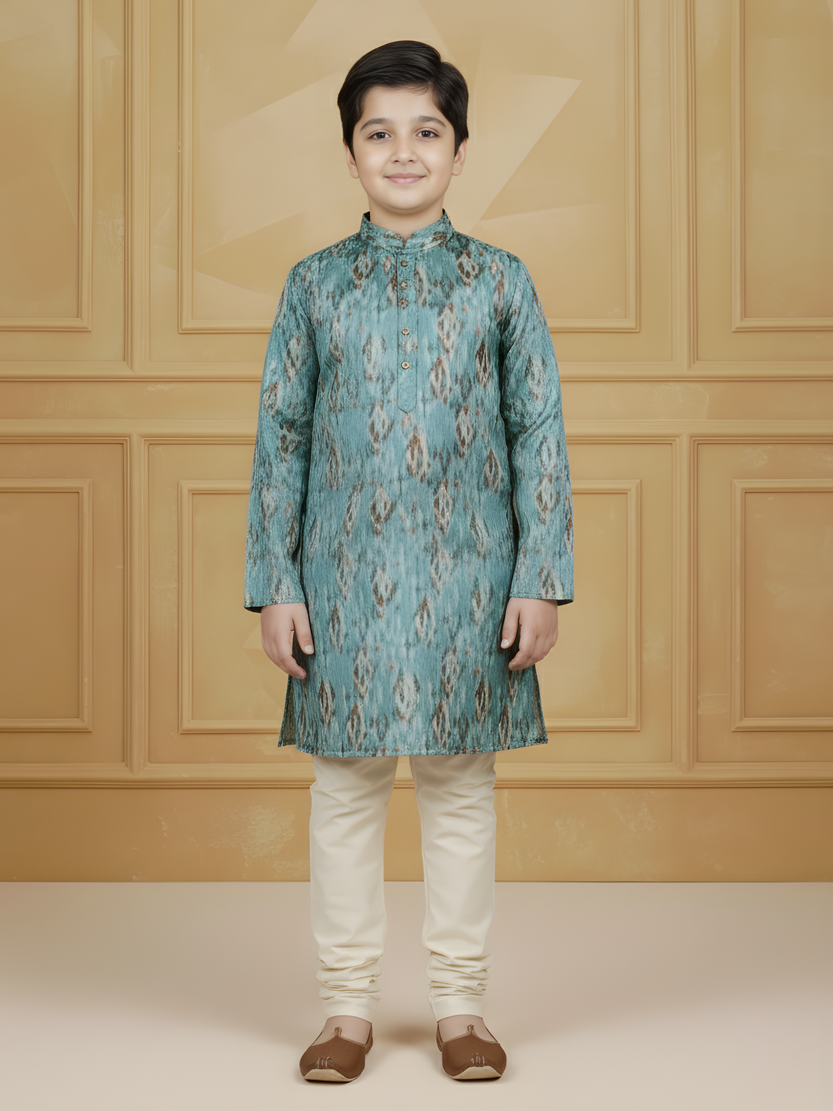 Boys' Tonal Blue and Green Geometric Tiled Print Kurta Set