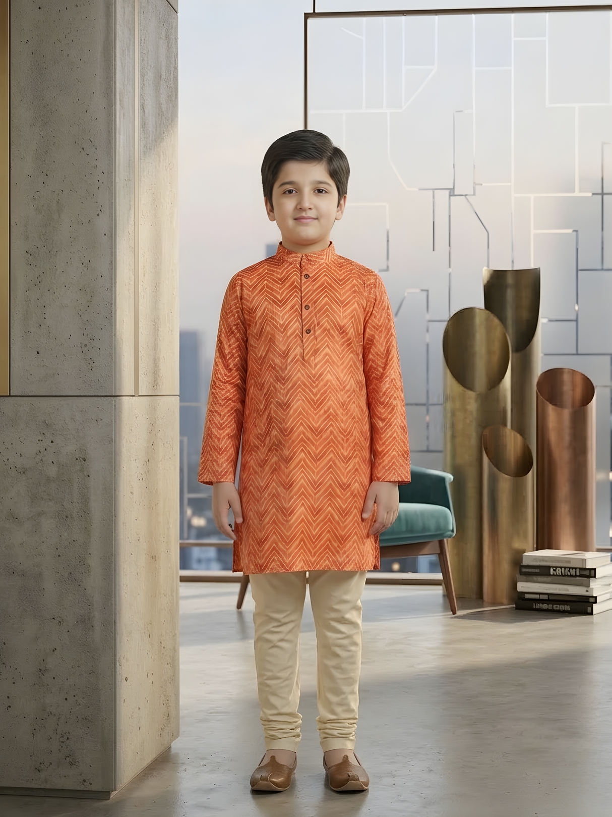 Boys' Orange and Red Zigzag Pattern Full-Sleeve Kurta Set
