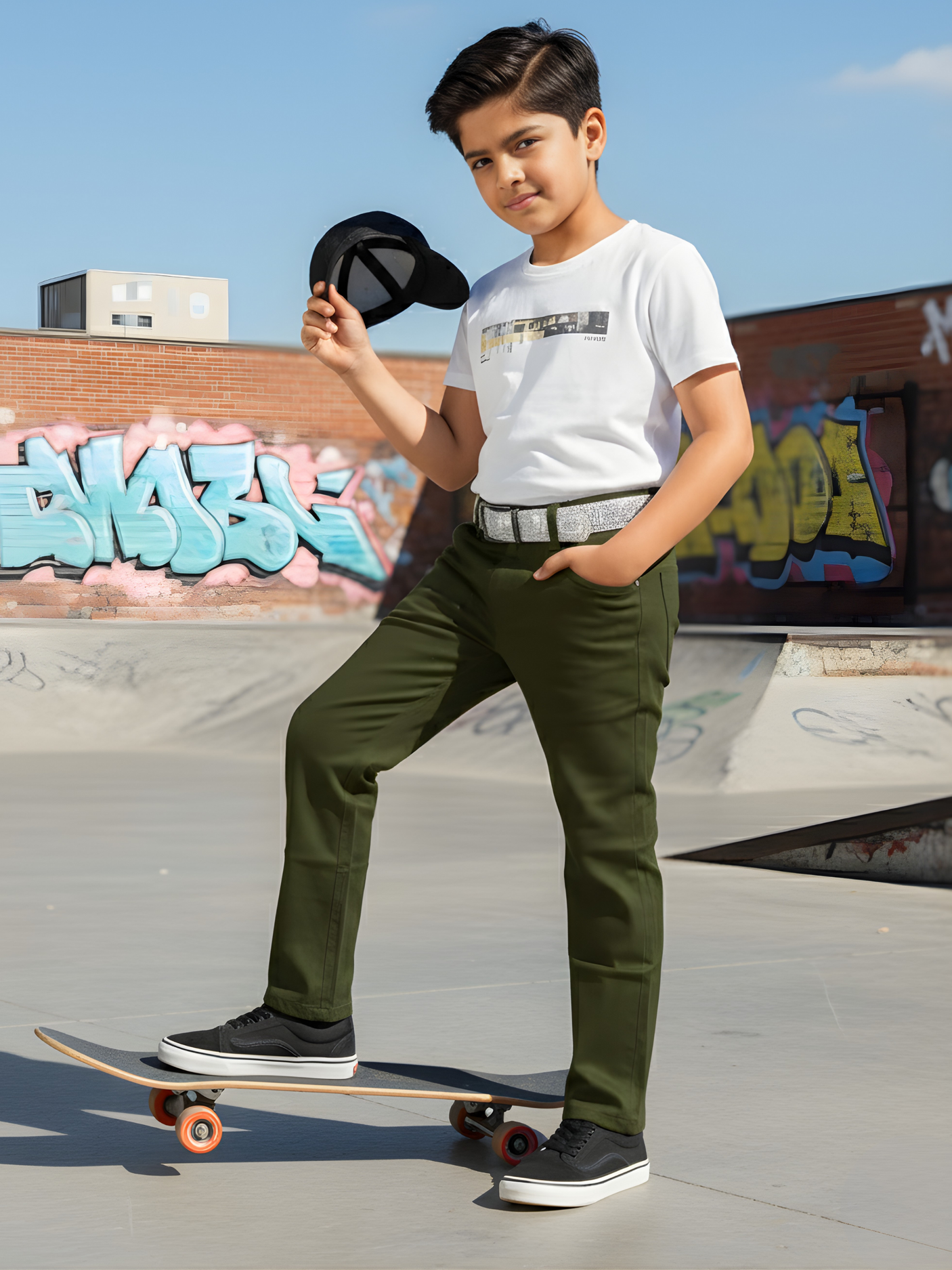 Boys' Classic Olive Green Regular Fit Casual Trousers with Complimentary Belt