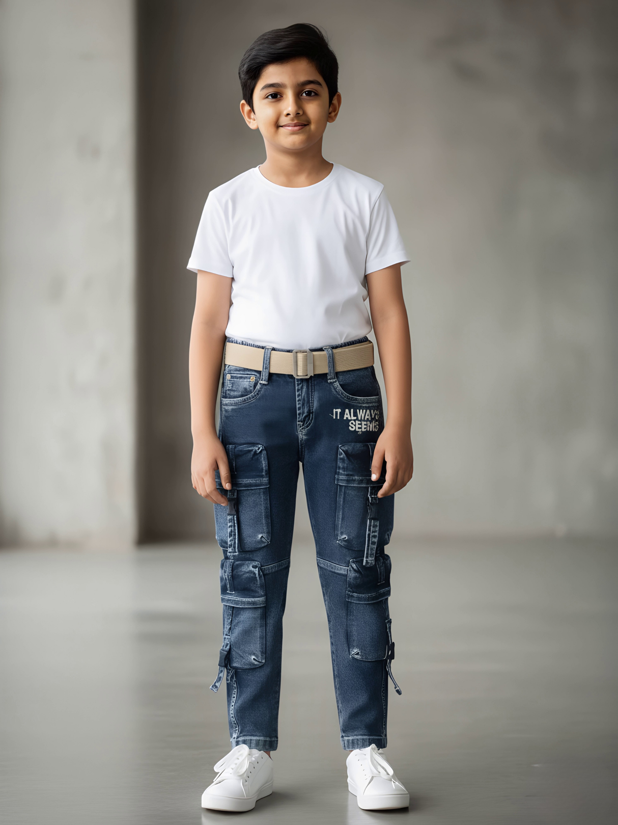 Boys Rugged Blue Multi-Pocket Cargo Jeans