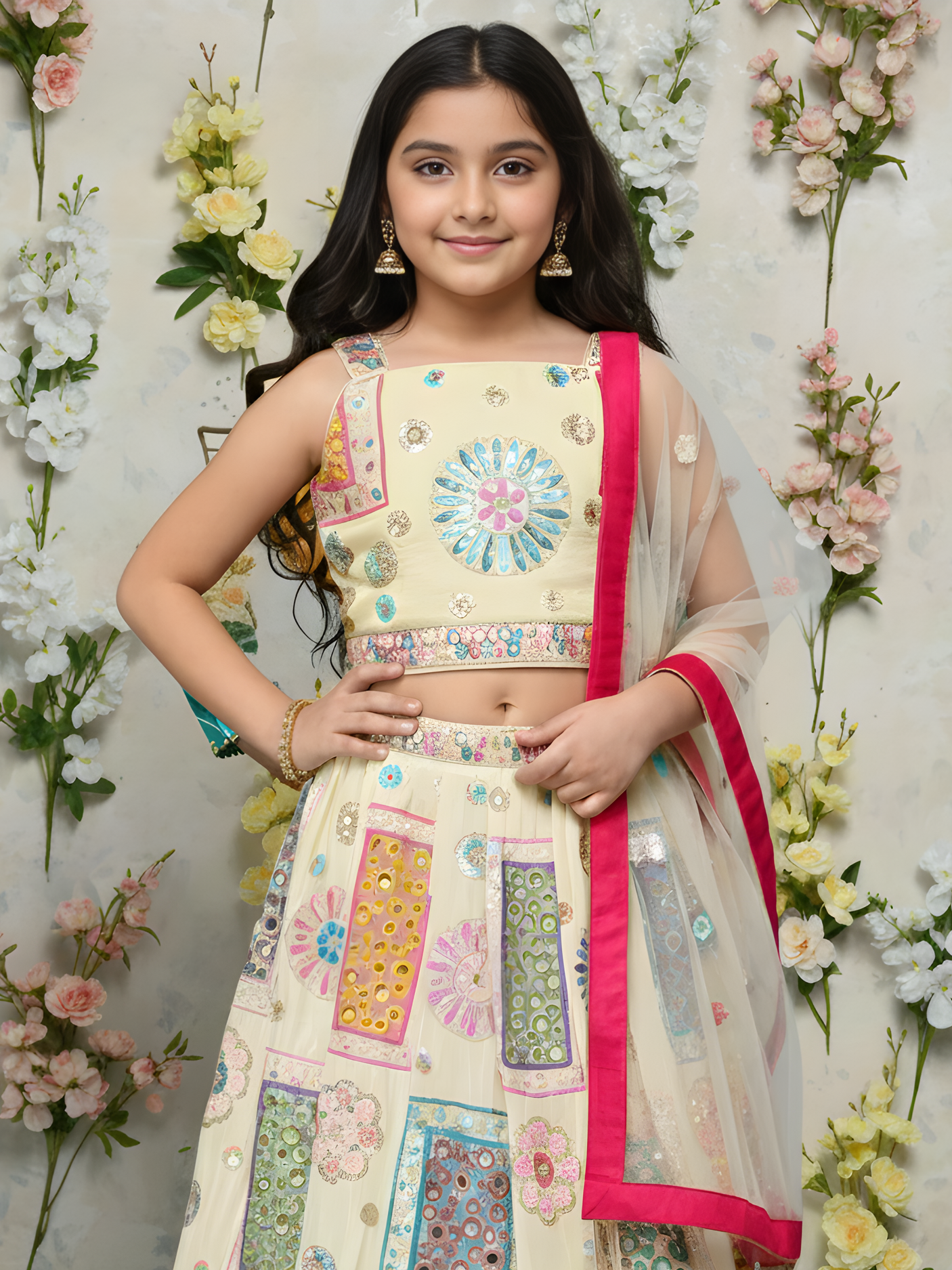 Girls' Cream Lehenga Choli Set with Multi-Color Patchwork and Mirror Work