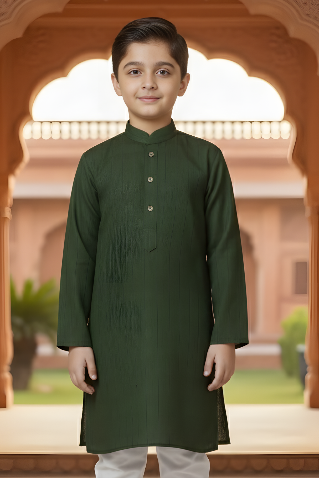 Boys' Dark Green Self-Design Kurta and White Pajama Set