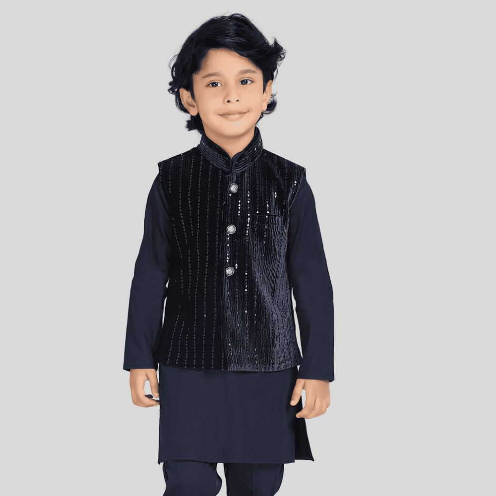 Boys Traditional With Work Chudidar Kurta with Koti - Navy Blue