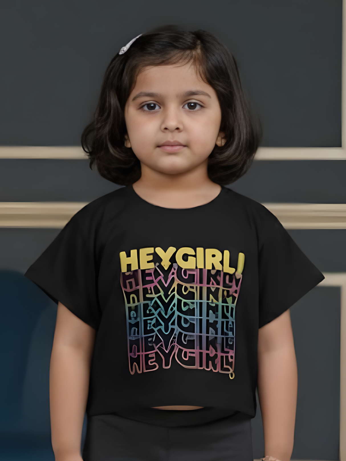 Girls Black "Hey Girl" Rainbow Graphic Crop Tee