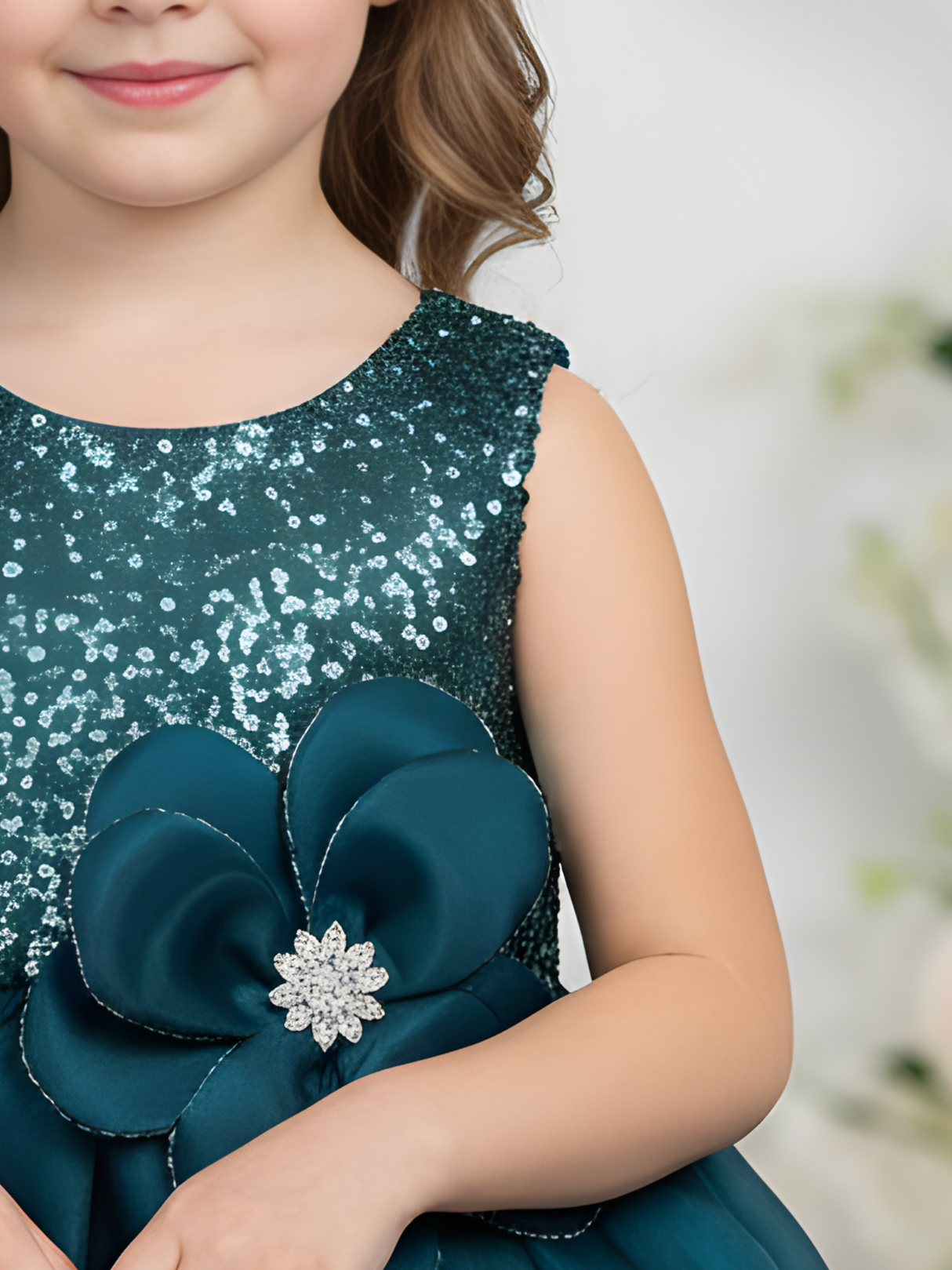 Girls' Teal Blue Sequin Bodice Party Frock with Satin Flower.