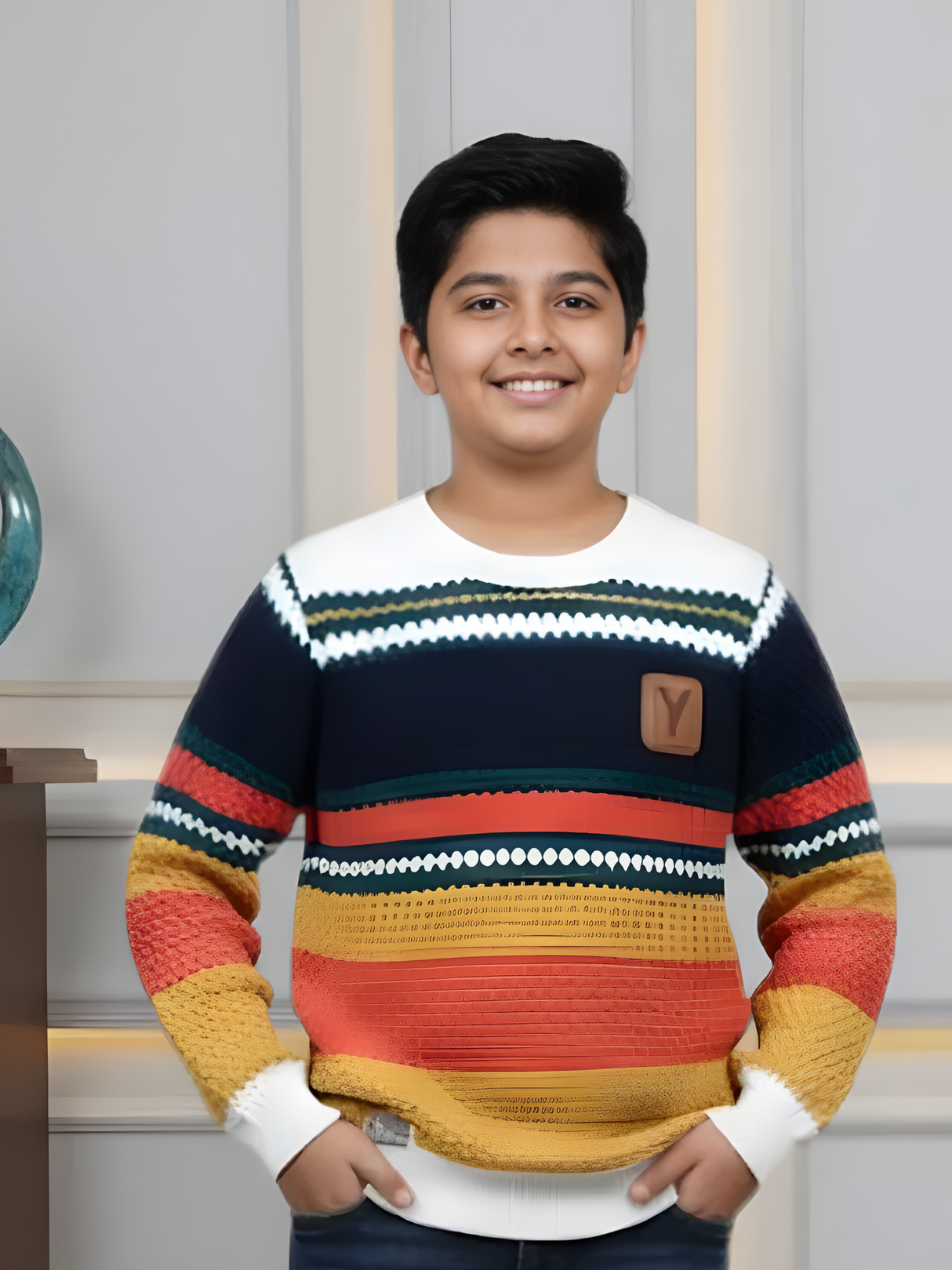 Boys' White Multi-Color Horizontal Stripe T-Shirt