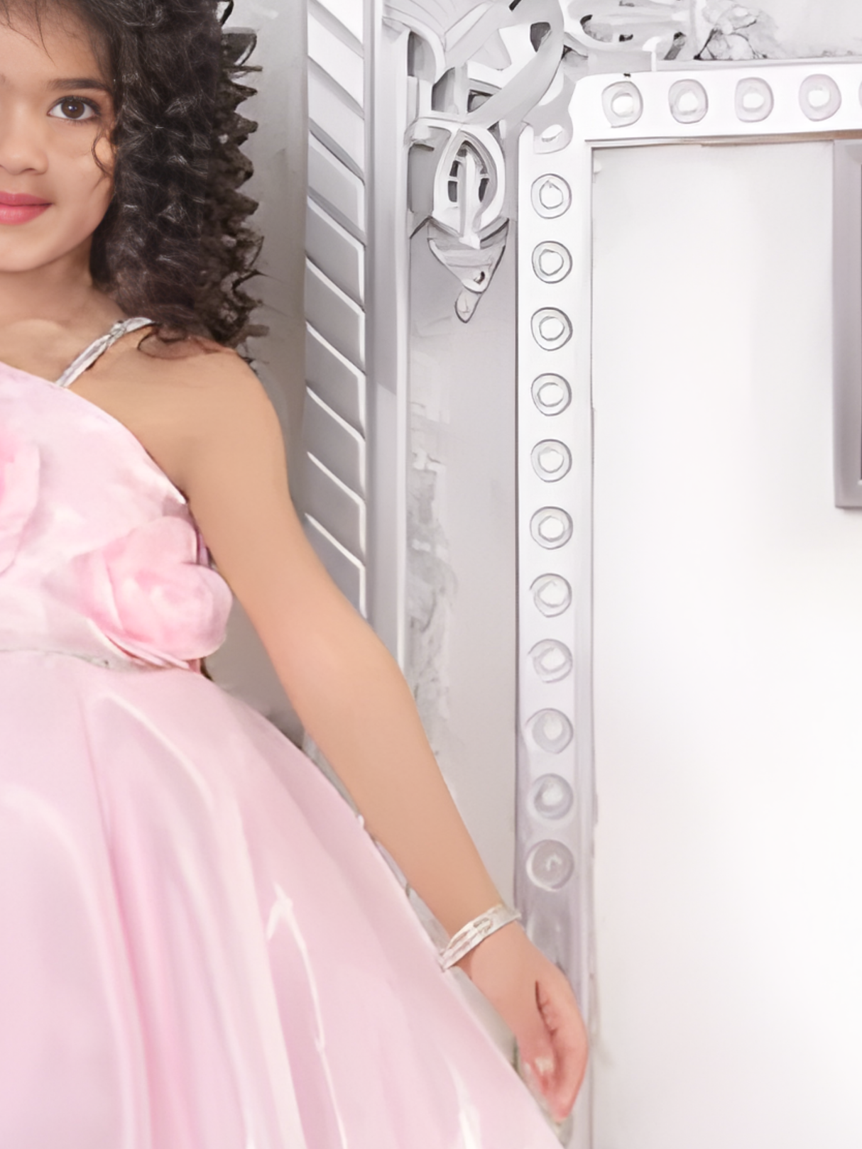 Girls Party Satin Party Frock With Work - Pink
