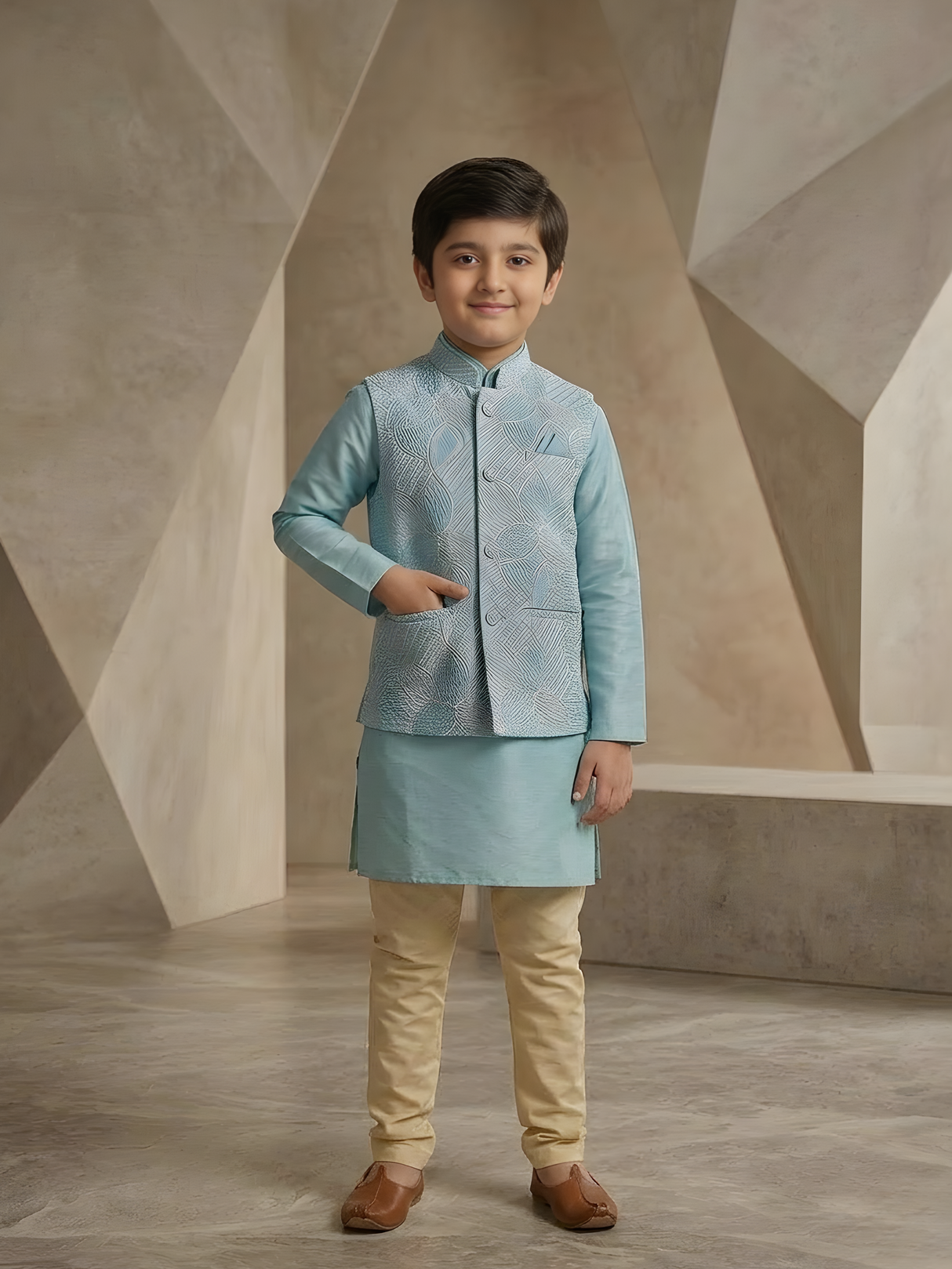 Boys Traditional With Work Chuddidar Kurta with Koti - Sky Blue