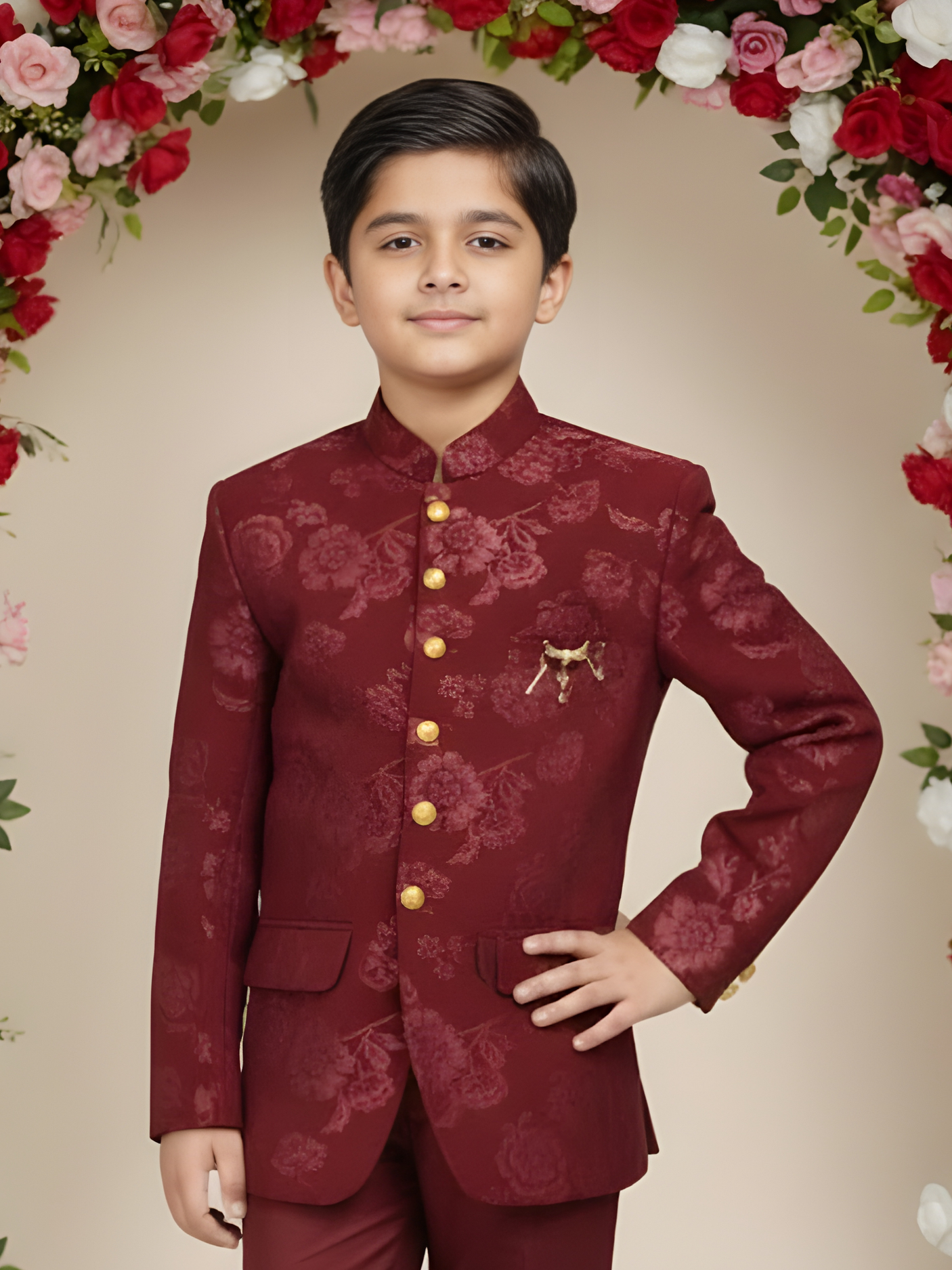 Boys' Maroon Velvet Sherwani with Gold Embroidered Motif