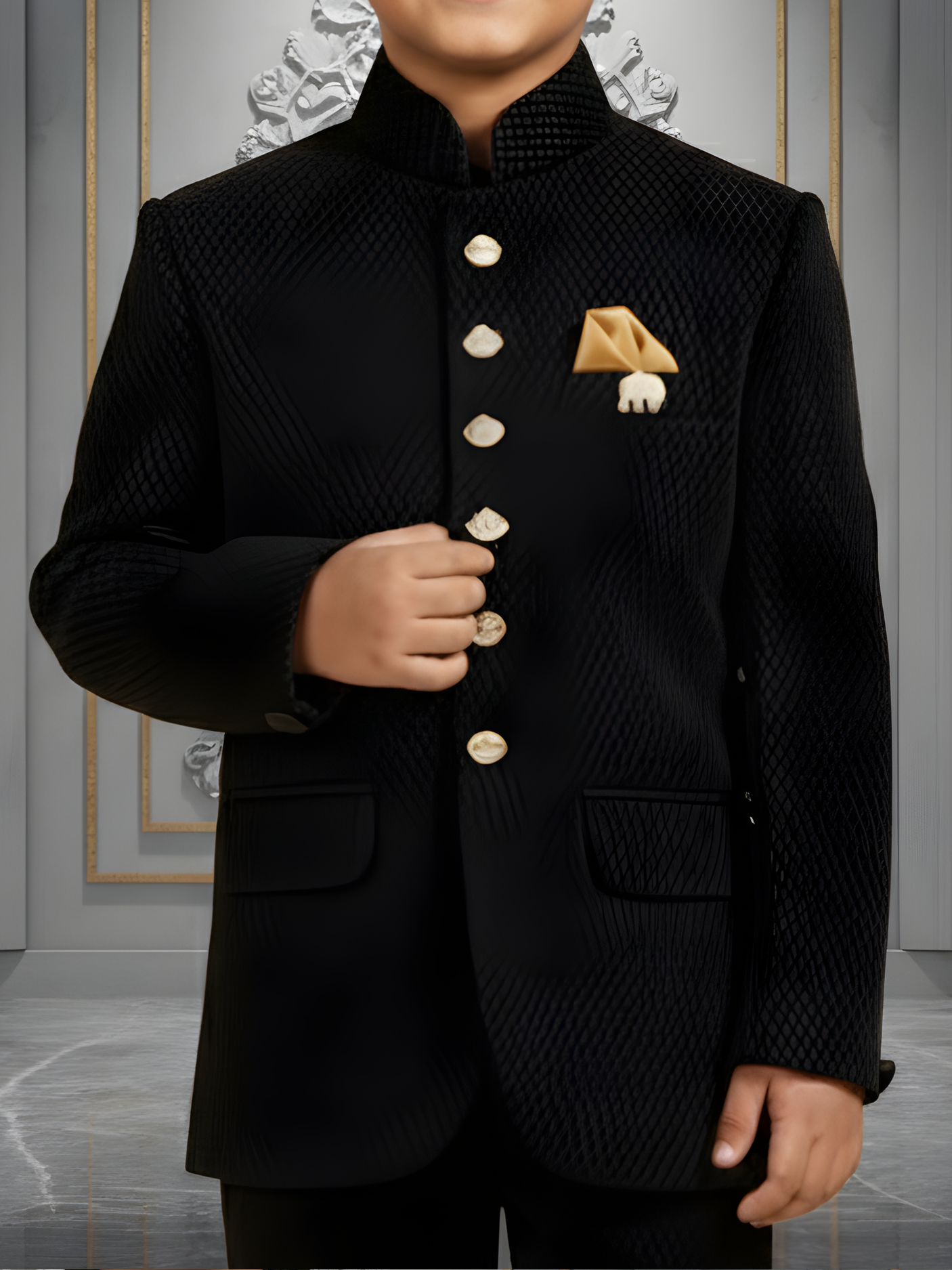 Boys' Black Jodhpur Styled Coat Suit with Gold Button Detailing