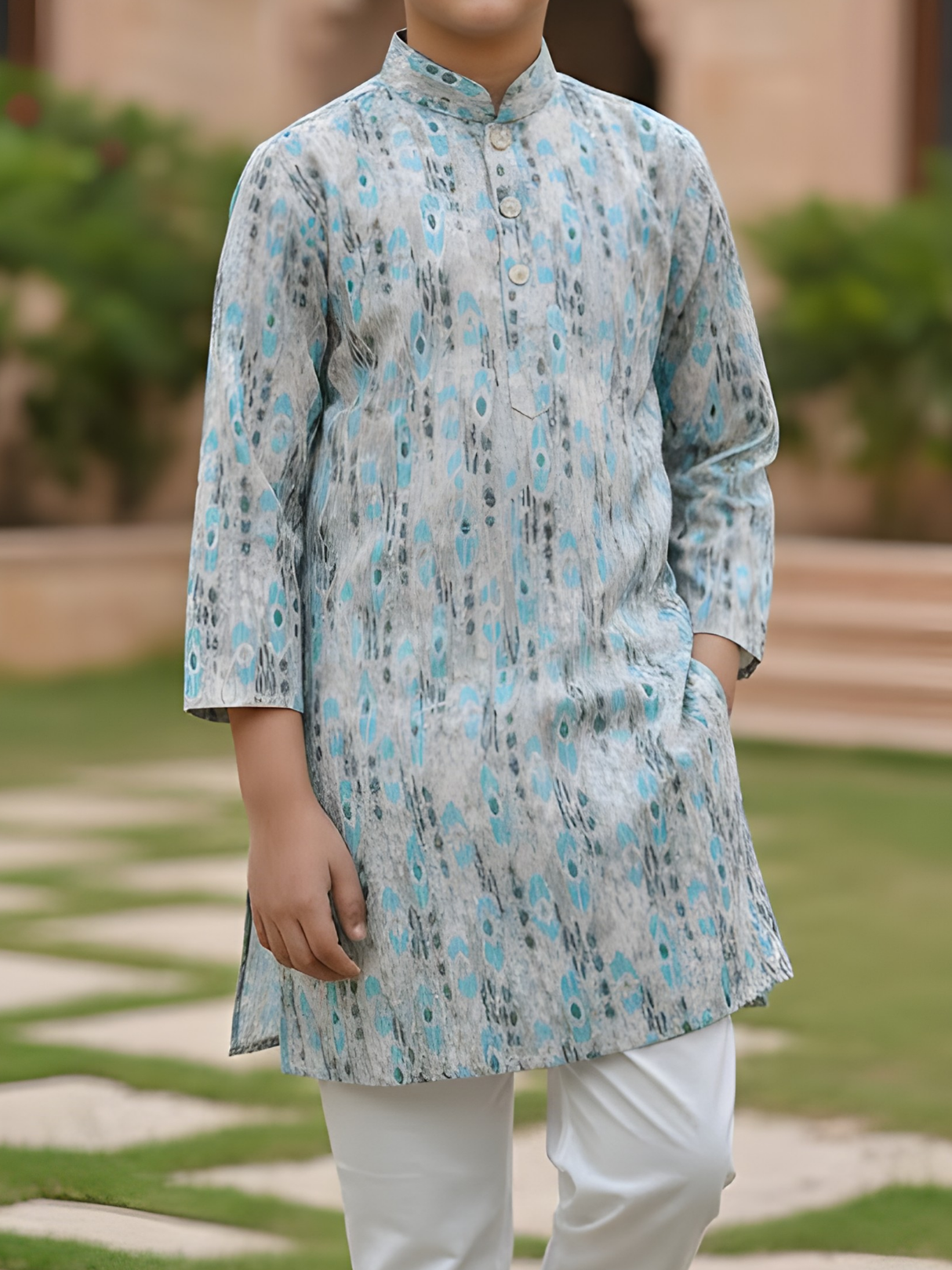 Premium Light Blue Geometric Pattern Kurta with White Pajama