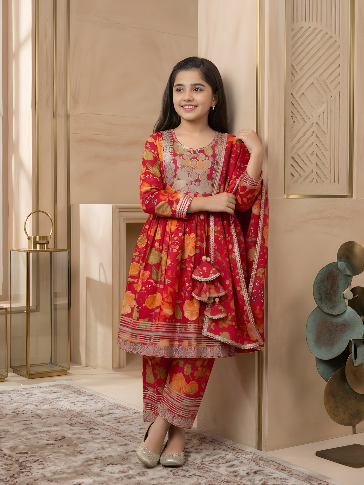 Girls' Rani Pink Floral Anarkali Suit Set with Embroidered Neckline