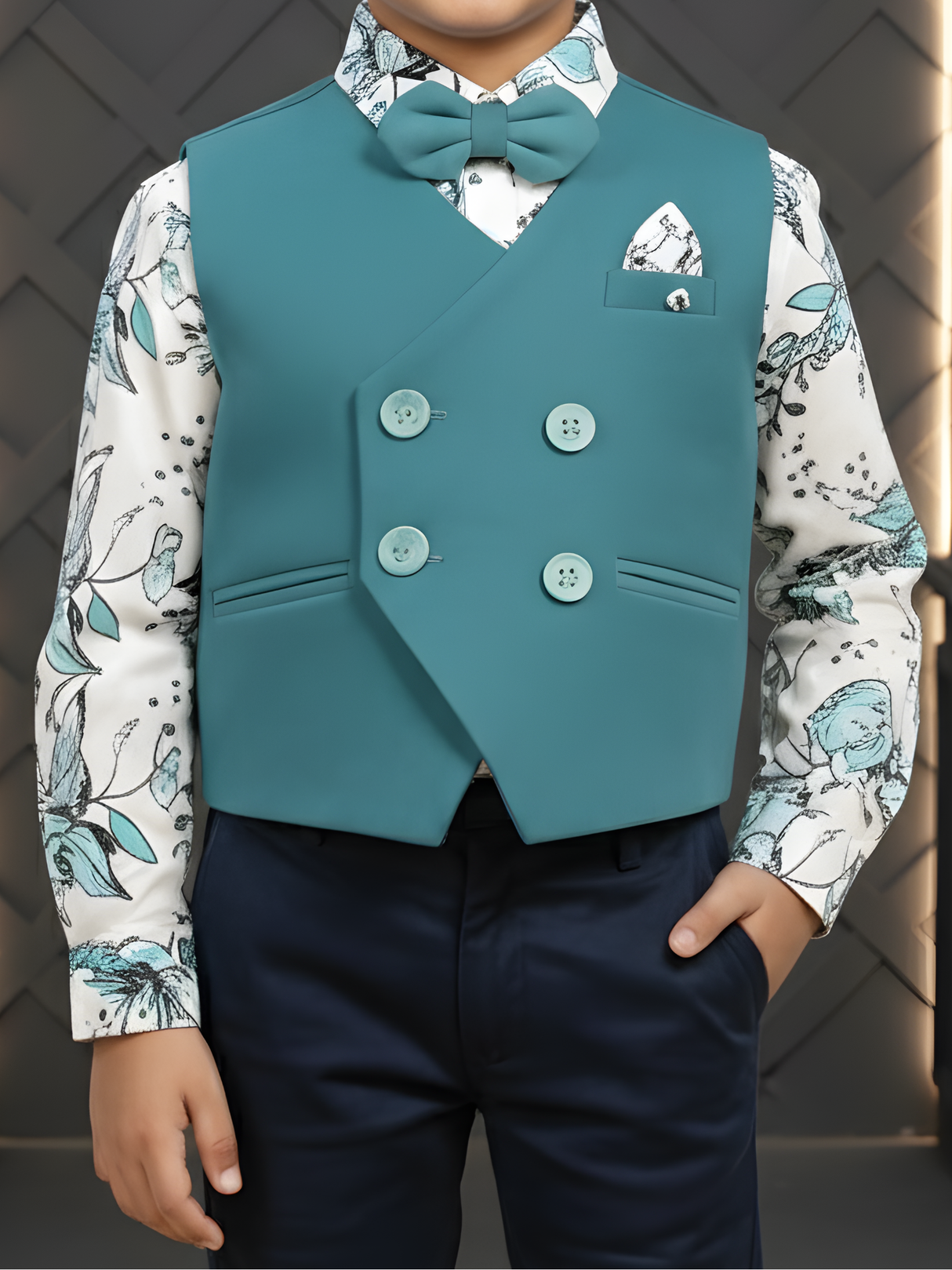 Boys' Teal Green Asymmetric Waistcoat Suit with Floral Shirt & Bow Tie
