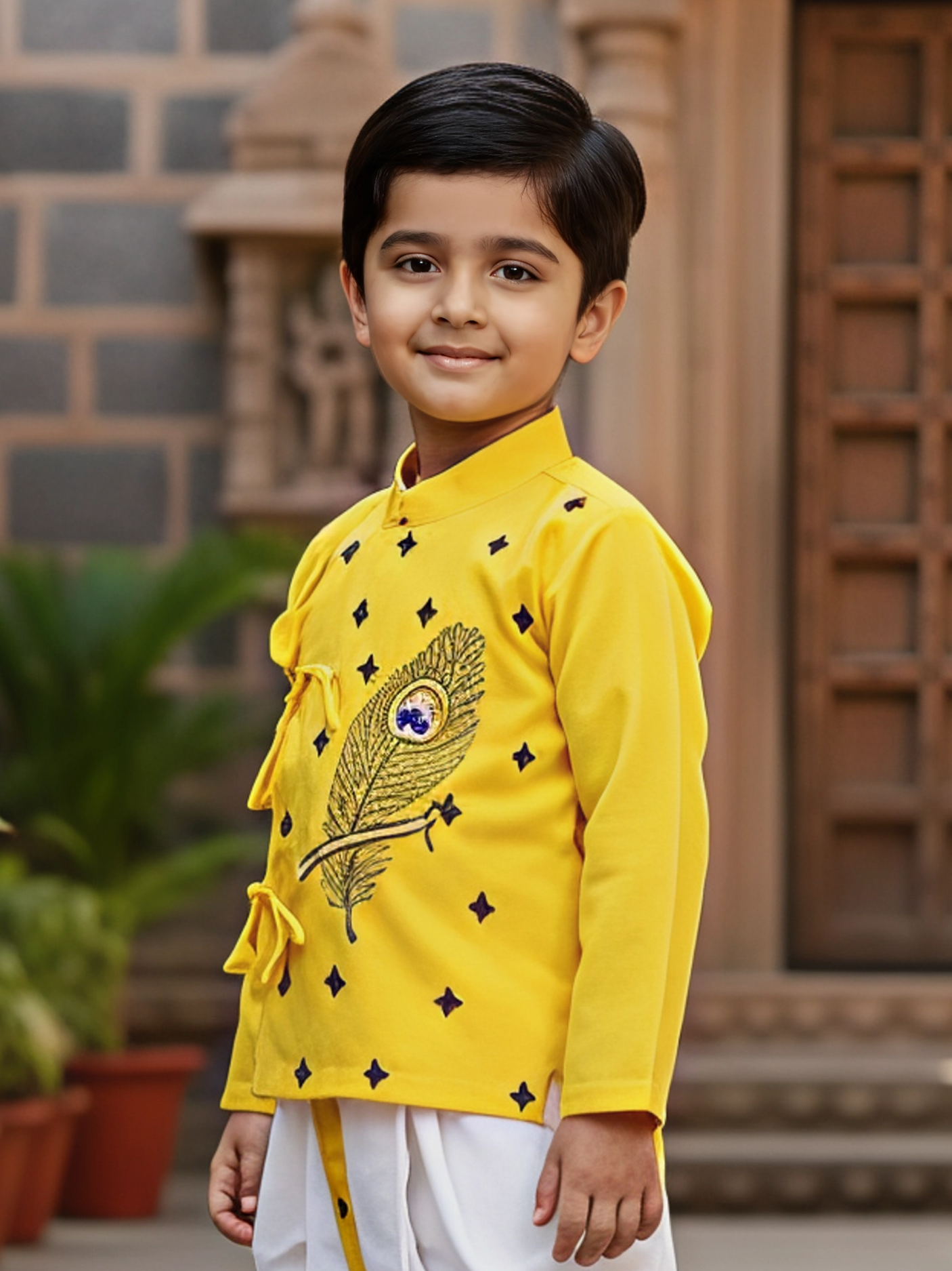 Boys Yellow Angrakha Kurta and White Dhoti Set with Peacock Feather Embroidery