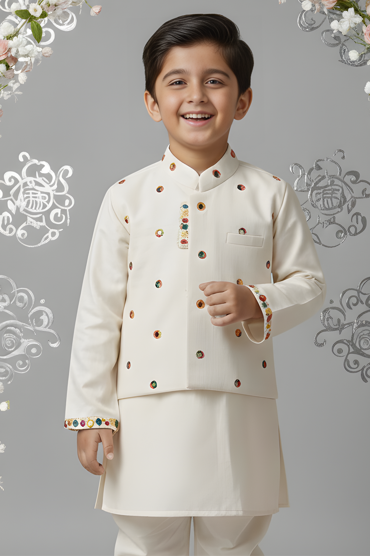 Boys' Ivory Cream Kurta Set with Intricate Embroidered Nehru Jacket