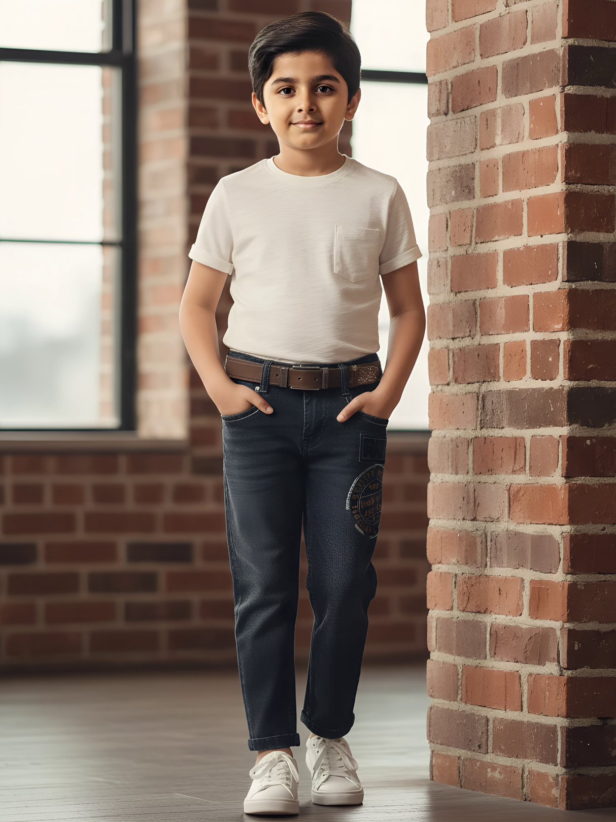 Boys' Graphic Print Dark Grey Stretchable Jeans