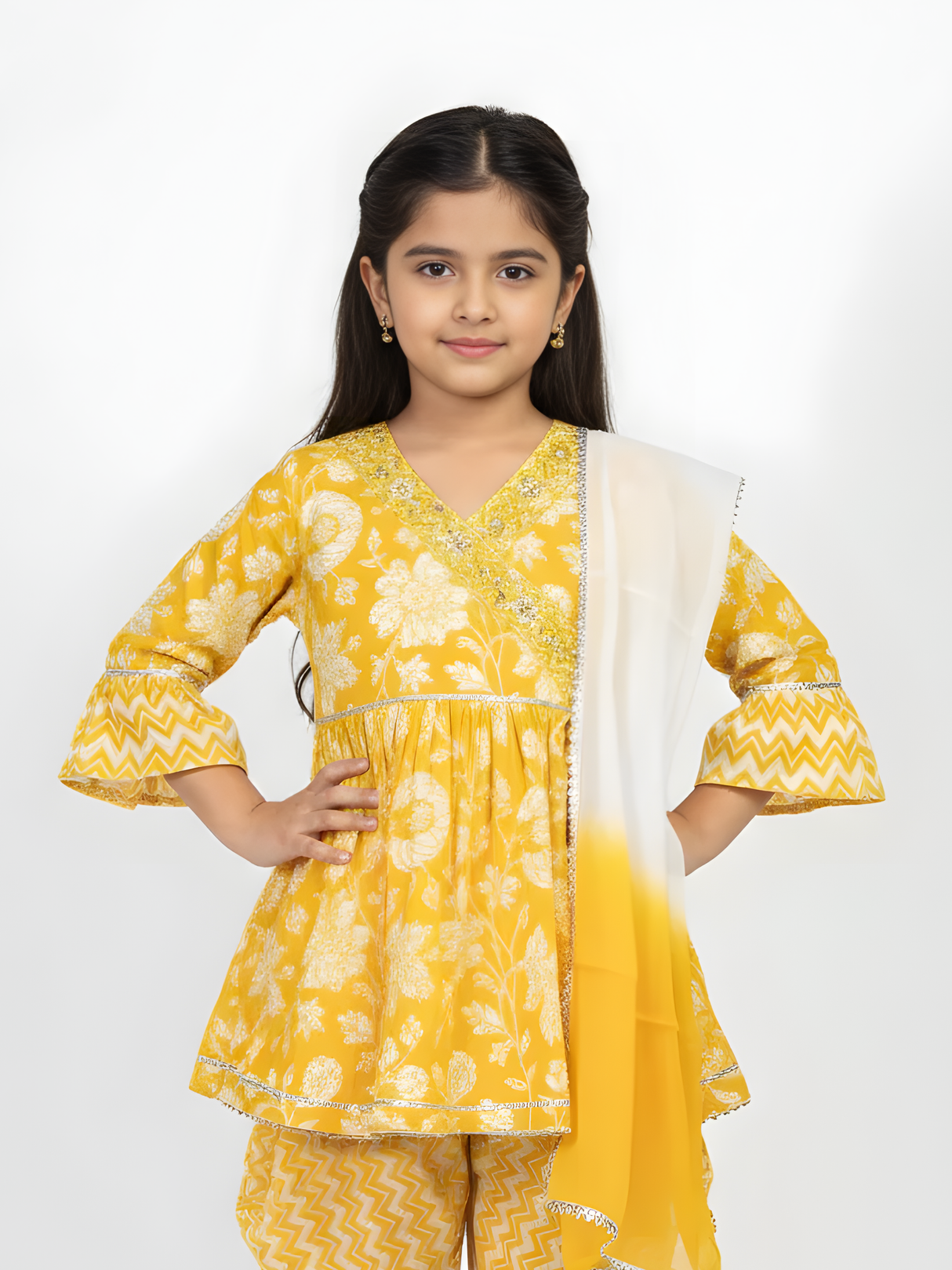 Girls' Yellow Floral Print Angrakha Kurta & Dhoti Set with Dupatta.