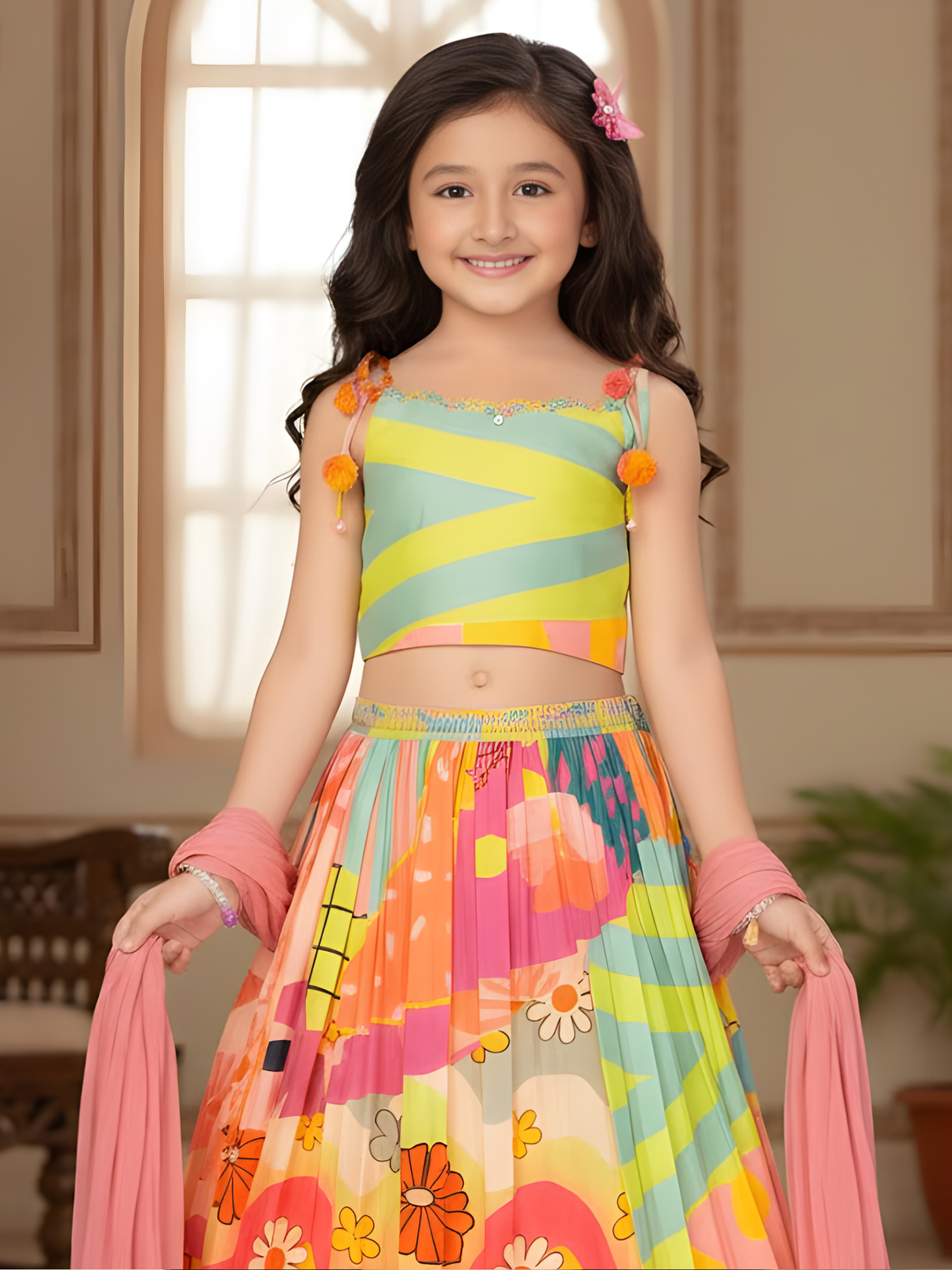 Girls' Bright Yellow Bandhani Print Lehenga Choli Set