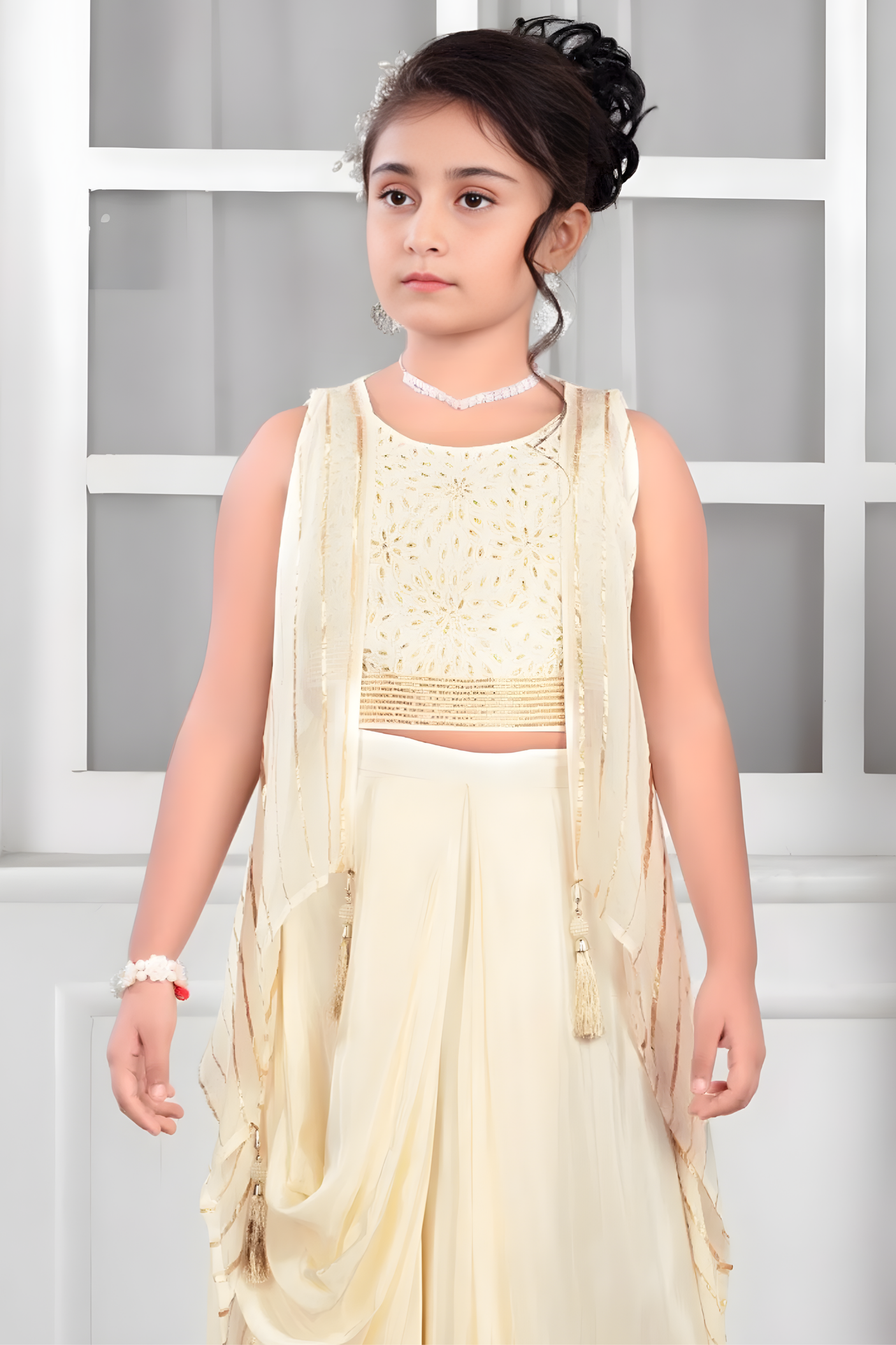Elegant Cream Draped Set with Embroidered Shrug.