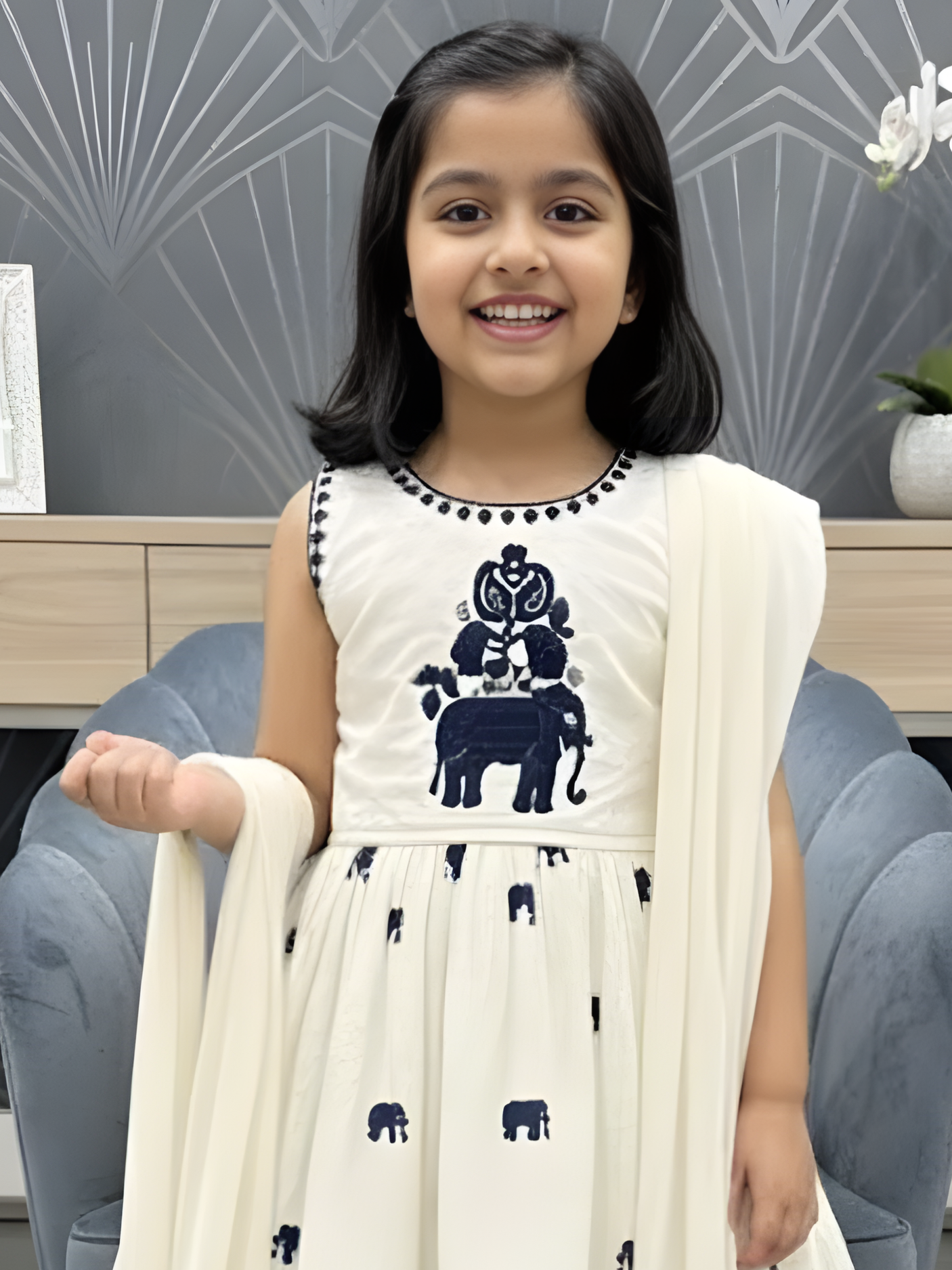 Girls' Cream Sleeveless Embroidered Gown with Navy Elephant Motifs