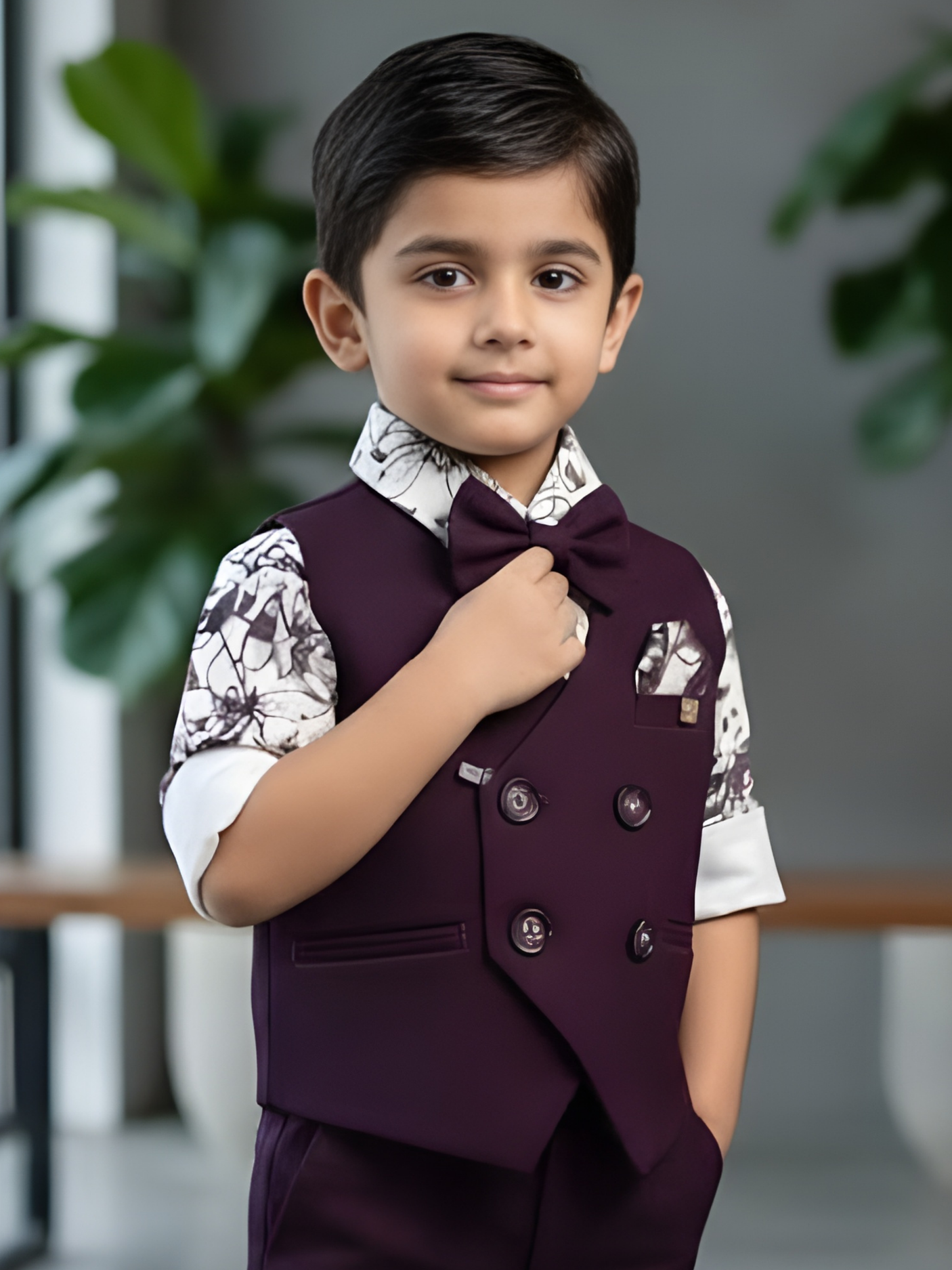 Boys' Purple Double-Breasted Waistcoat & Floral Shirt Set