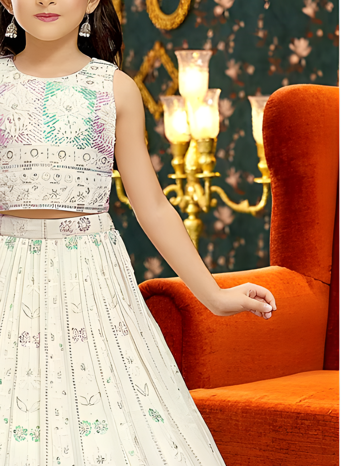 Girls' Grand Cream Traditional Print Lehenga