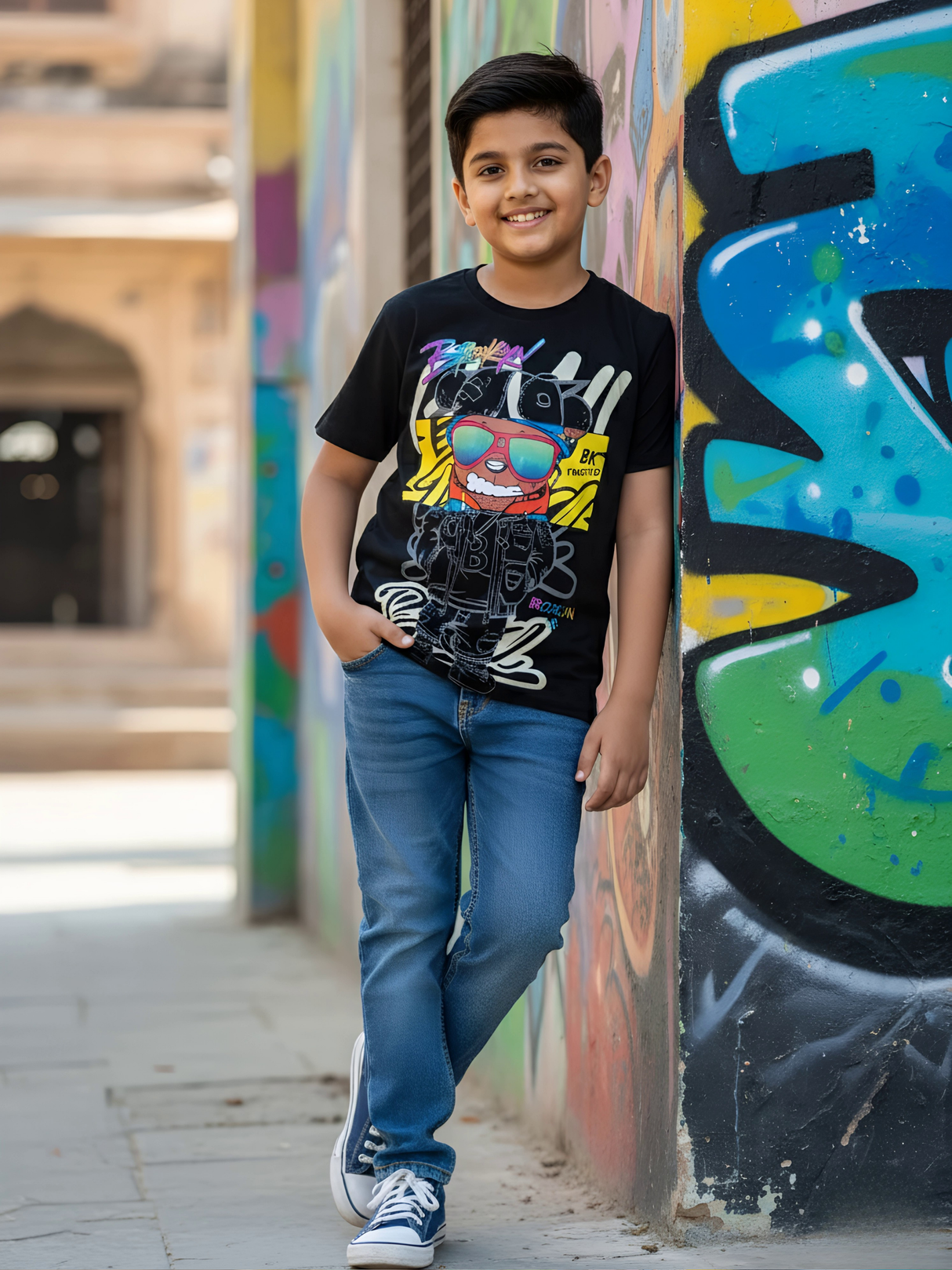 Boys' Urban Graffiti Print Cotton T-Shirt