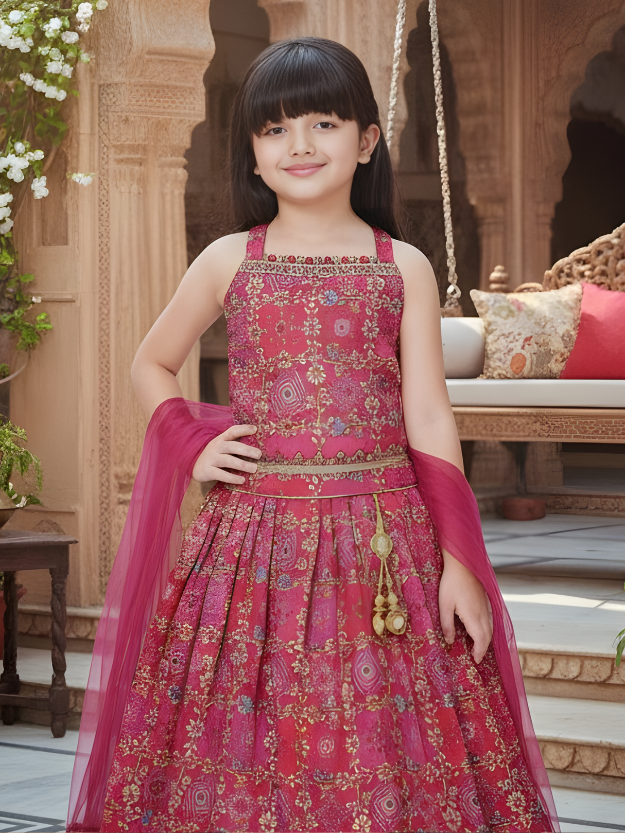 Girls Rani Pink Printed Lehenga Choli Set with Dupatta