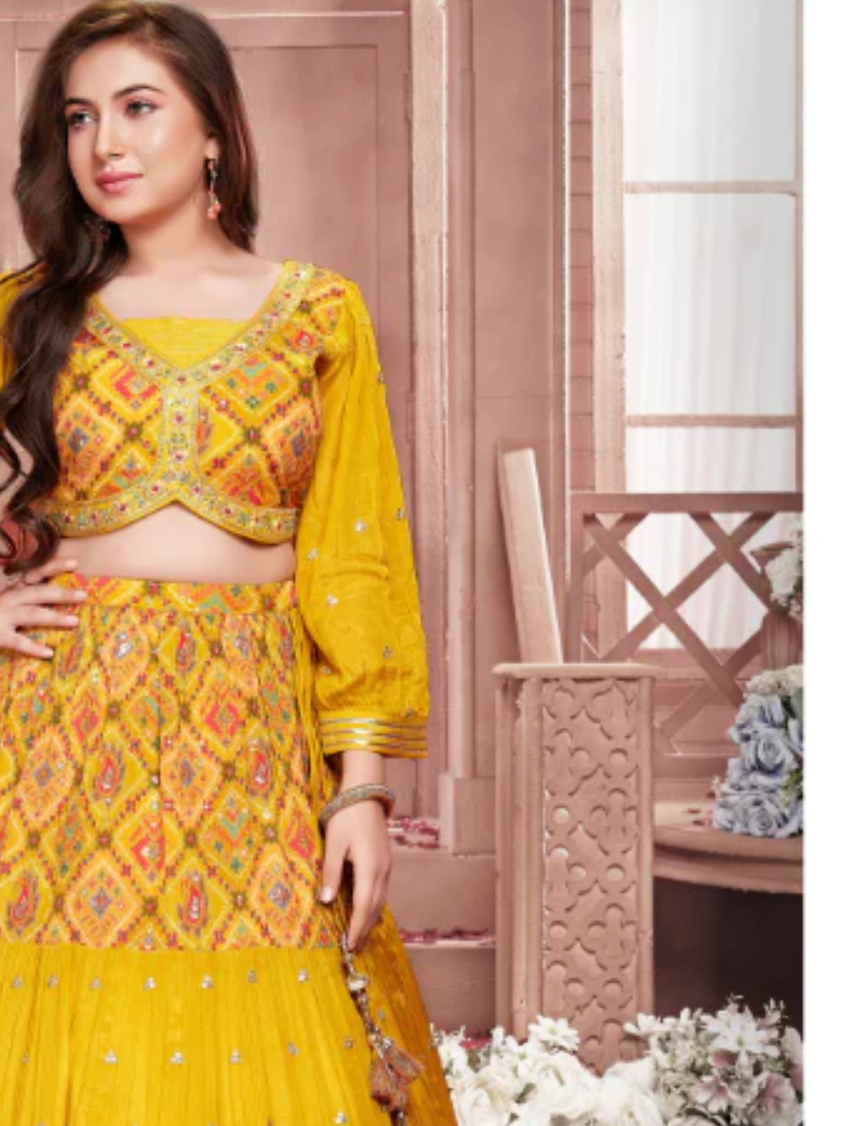 Girls Mustard Yellow Patola Print Lehenga Choli Set
