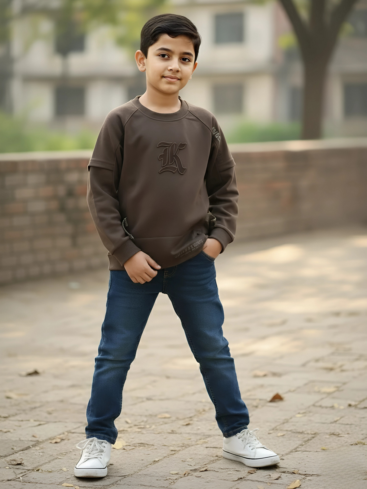 Boys Dark Green "Challengers" Graphic Full Sleeve Textured T-Shirt