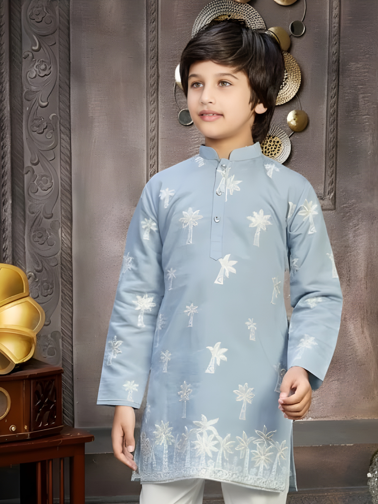 Boys' Navy Blue Bandhgala Jacket Set with Gold Embroidery and Stole