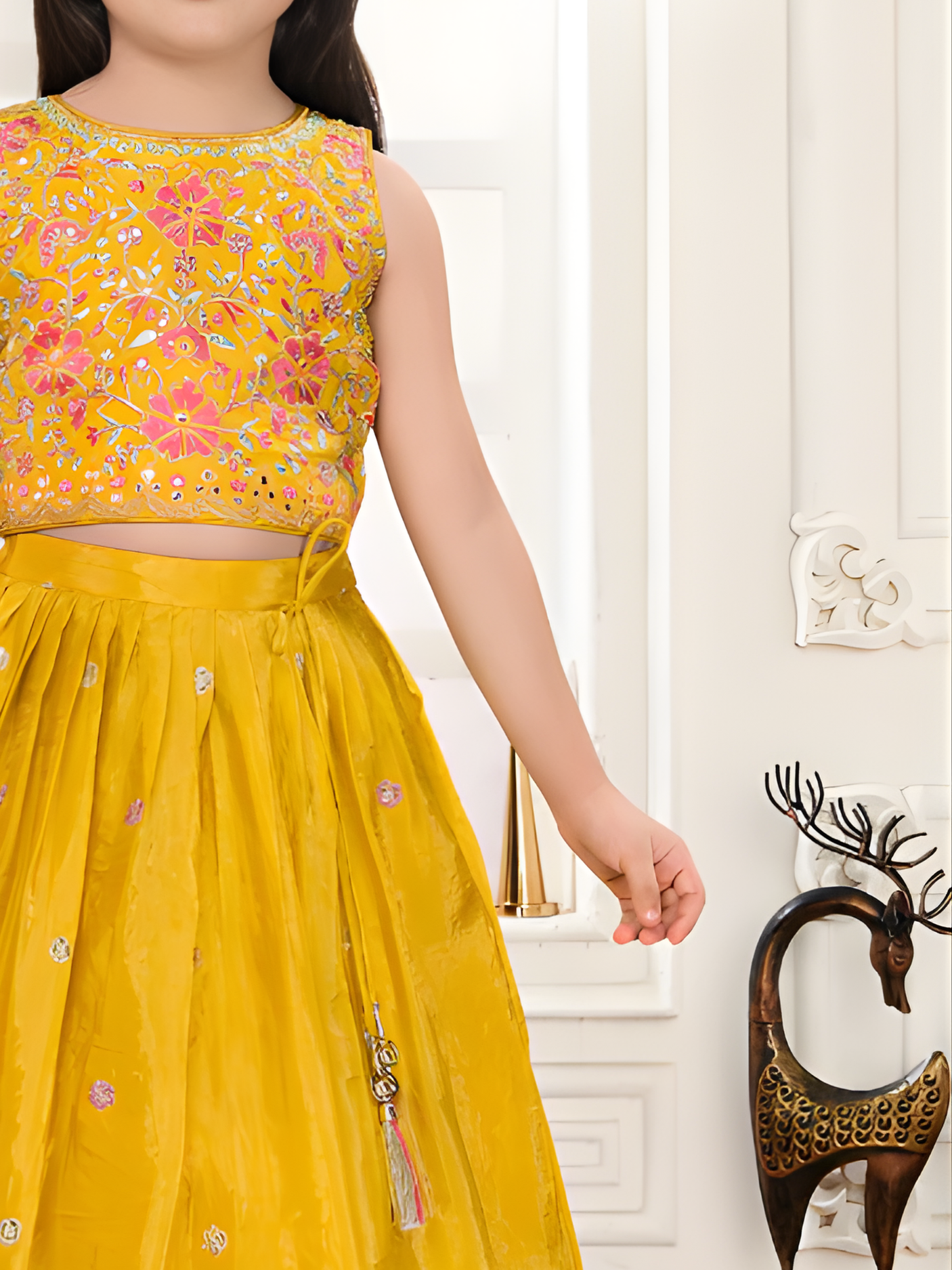 Girls' Vibrant Mustard Yellow Embroidered Lehenga Choli Set.