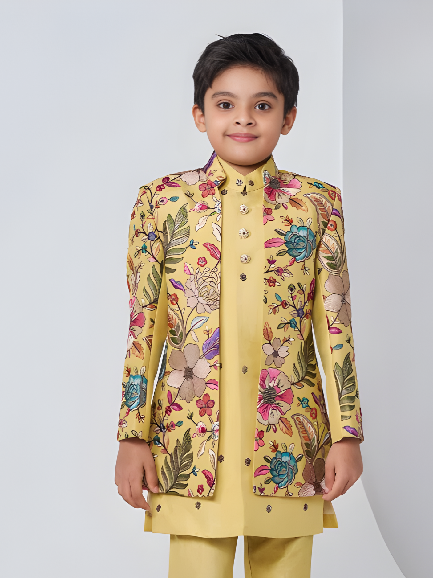 Boys' Yellow Kurta Set with Floral Embroidered Open Jacket
