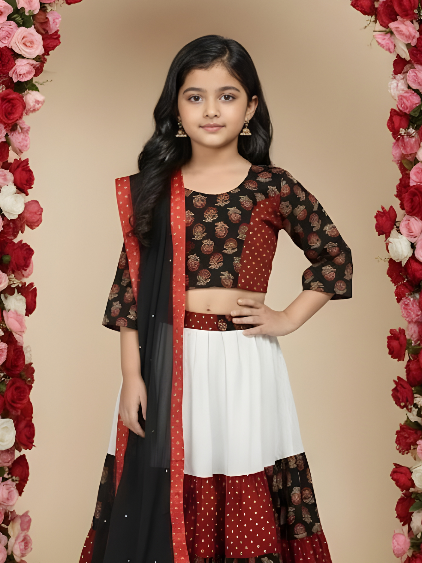 Girls' Black, Red, and White Tiered Block Print Lehenga Choli Set with Dupatta