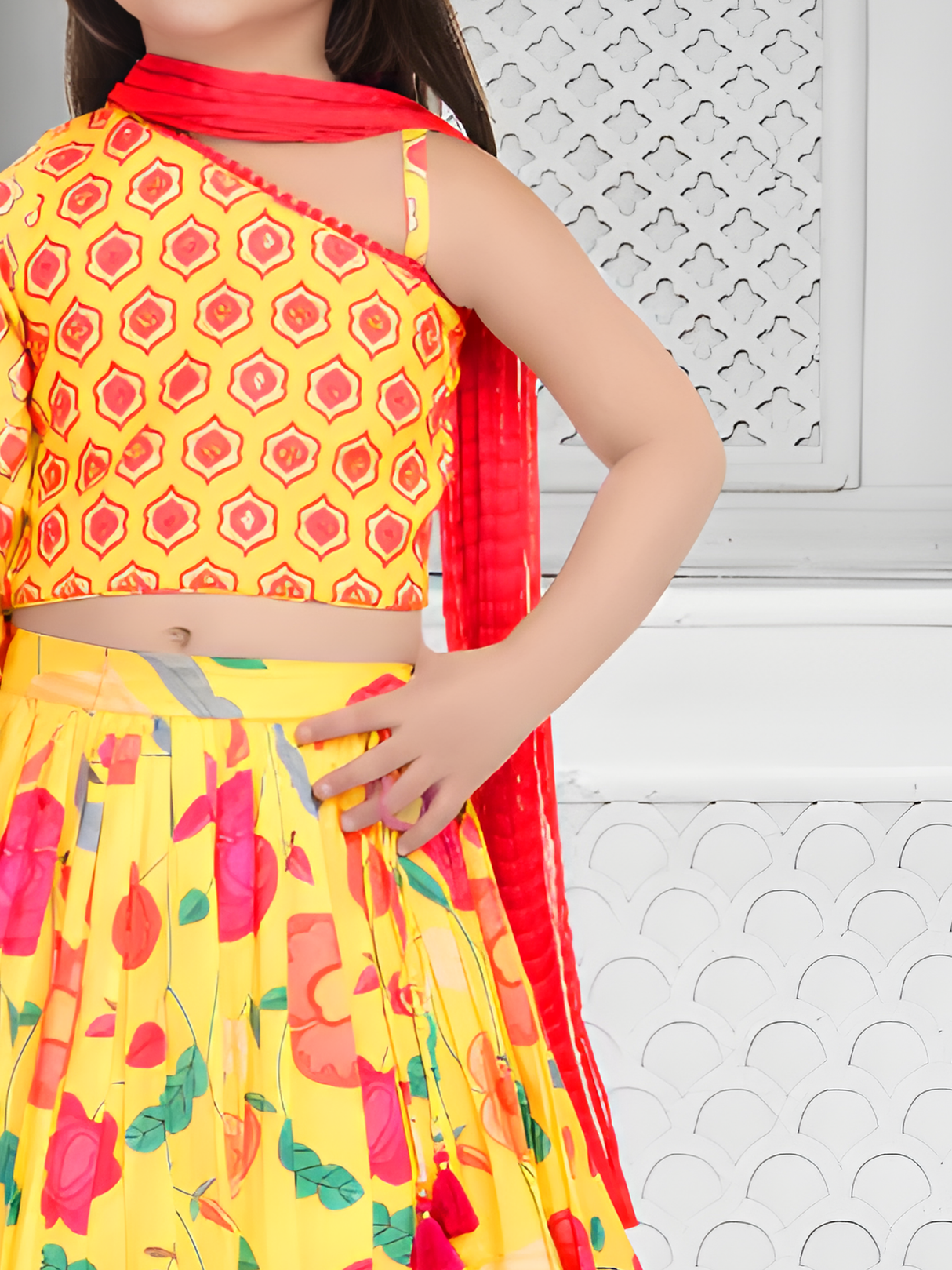 Girls' Elegant Ivory Multi-Color Embroidered Lehenga Set