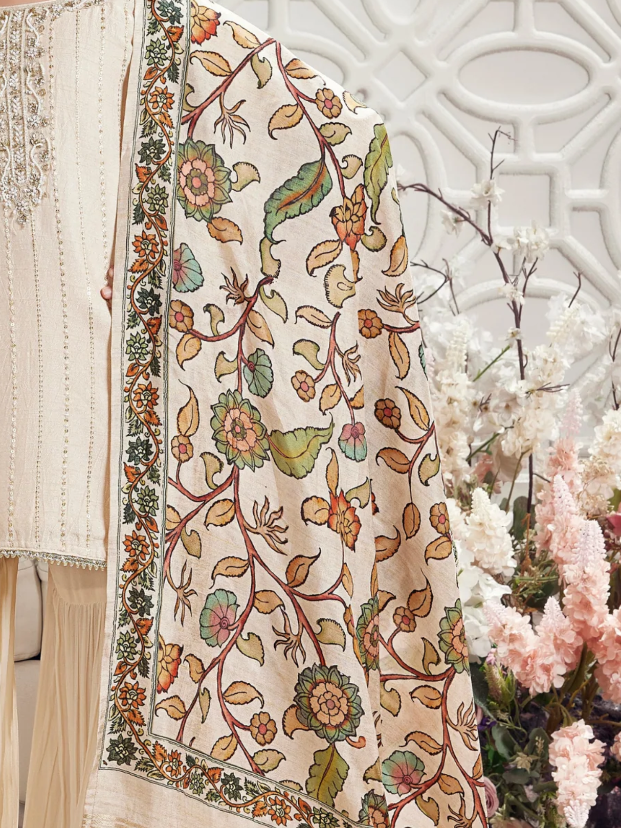Girls' Premium Cream Gharara Suit with Heavy Sequin Embroidery & Floral Dupatta
