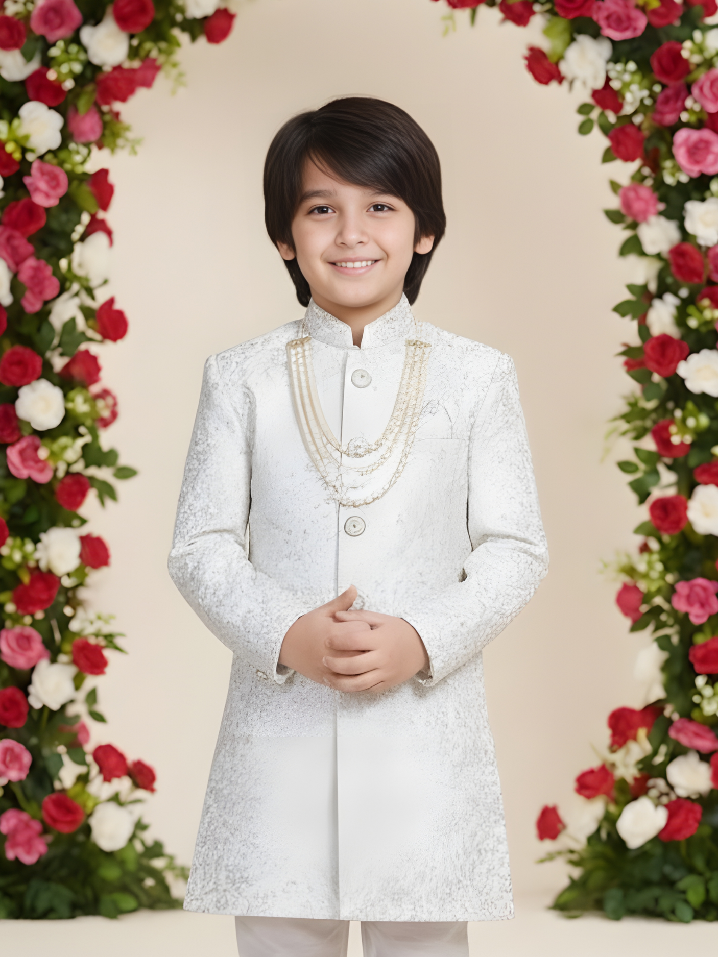 Boys' Ivory White Jacquard Achkan Suit with Churidar