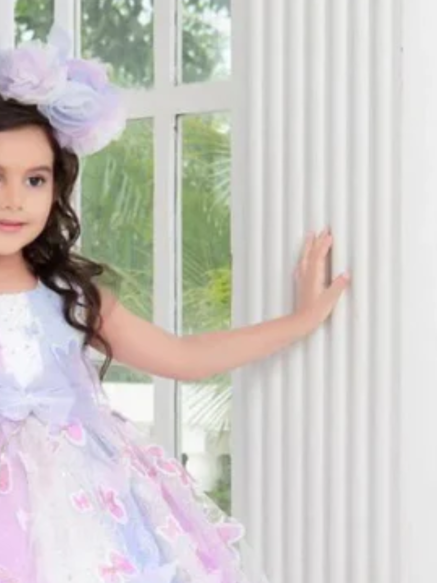 Girls Party Printed Heavy Western Gown - White