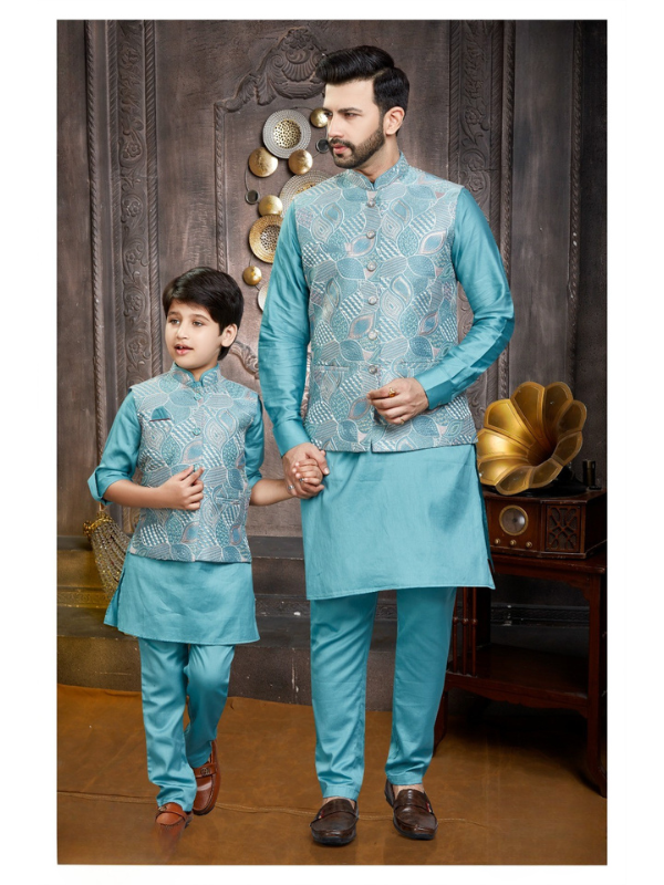 Boys Traditional With Work Chuddidar Kurta with Koti - Sky Blue