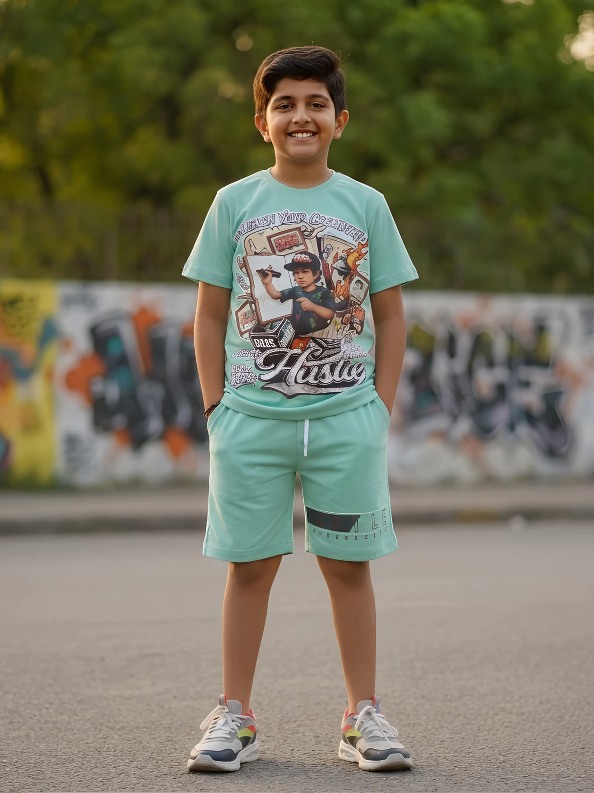 Boys' Mint Green "Hustle" Graphic Streetwear Co-ord Set